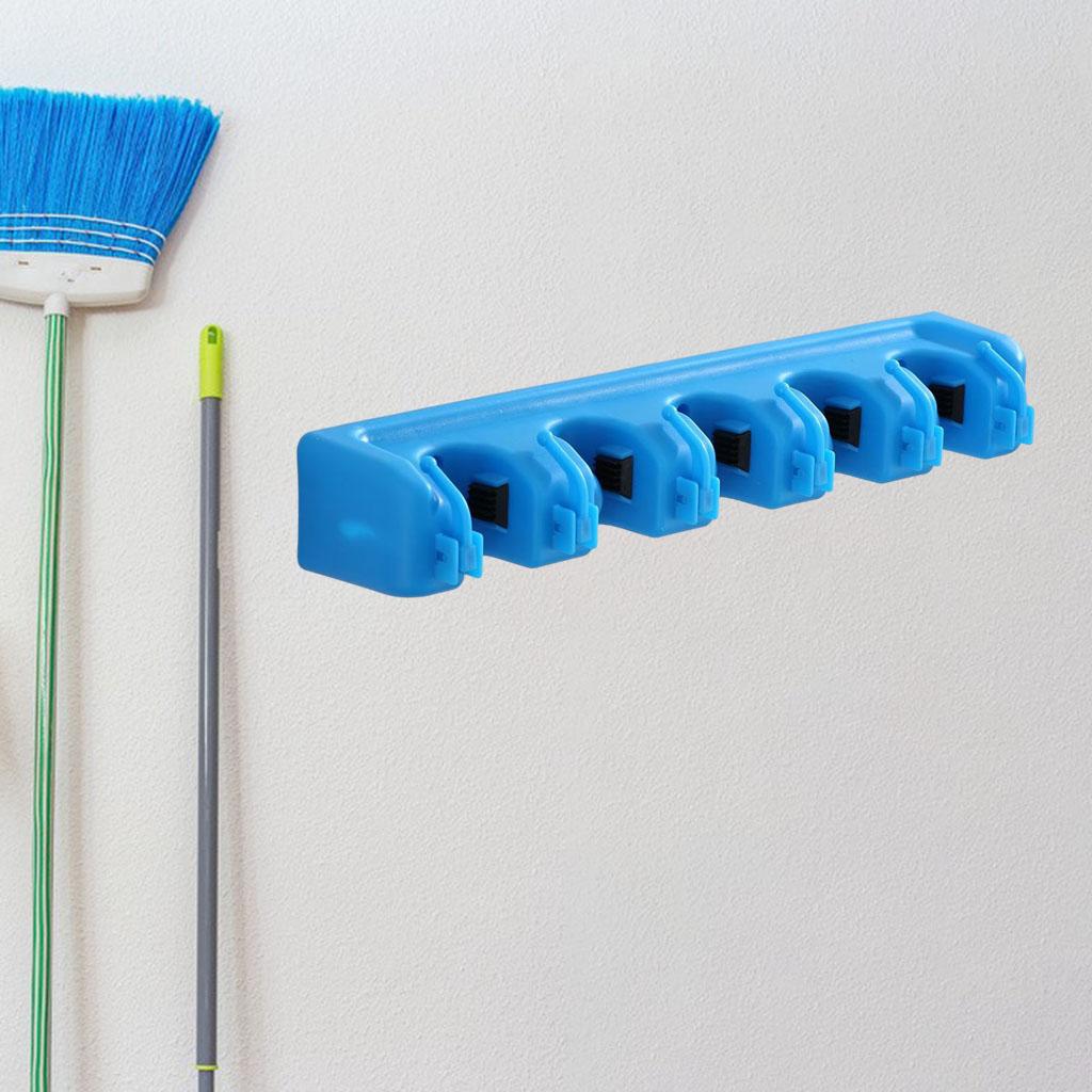 Plastic Mop Holder 5 Slots 6 Hooks Dusters Household Bathroom Accessories Blue