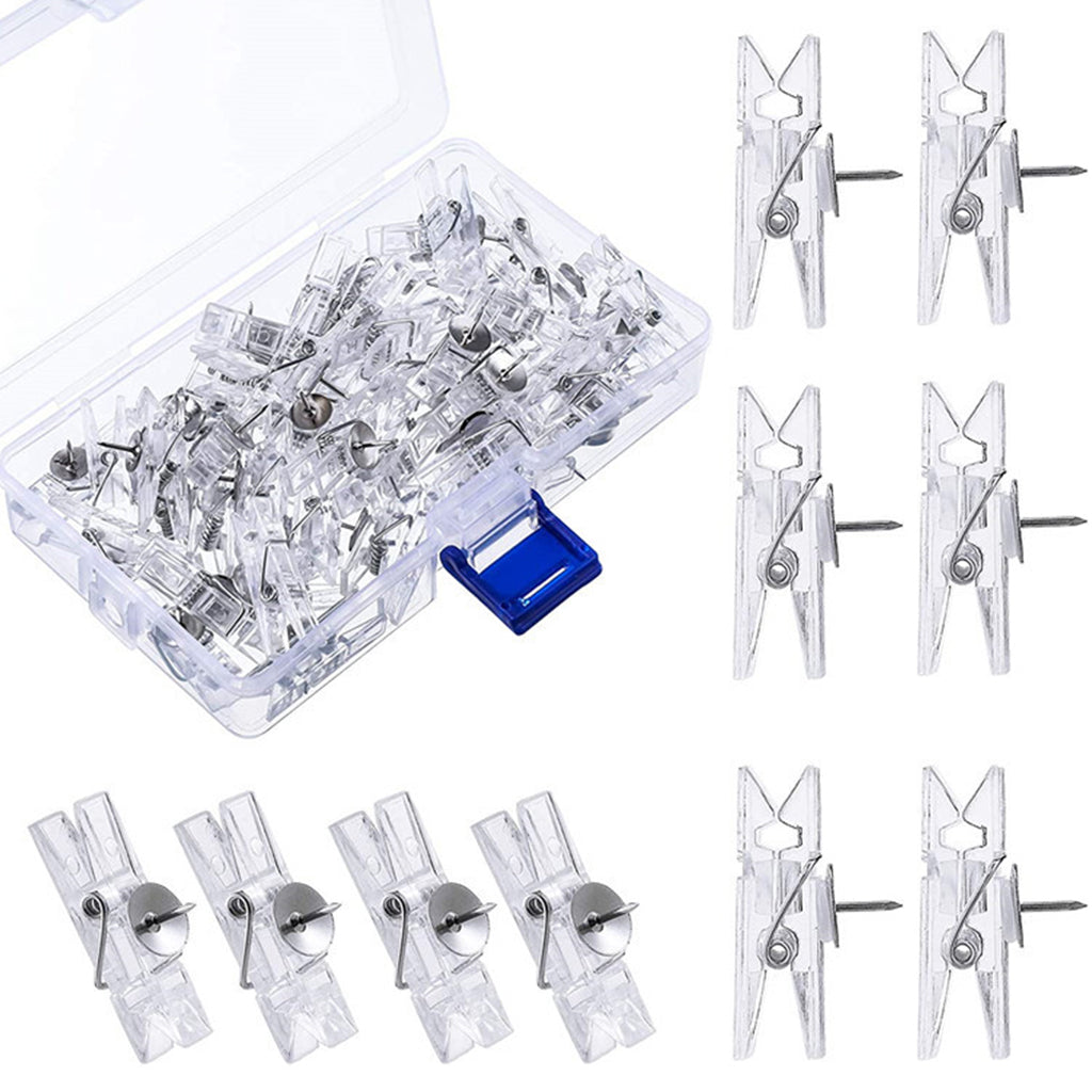 50-Pack Plastic Thumb Tacks Clips with Pushpins Multiple Functions Clear