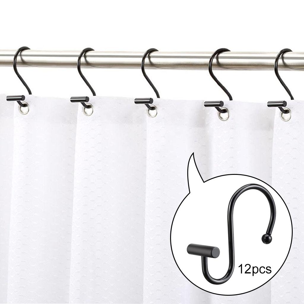 12x Premium Shower Curtain Hooks Set T Shaped Design for Bathroom (Black)