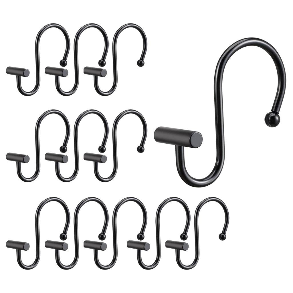 12x Premium Shower Curtain Hooks Set T Shaped Design for Bathroom (Black)