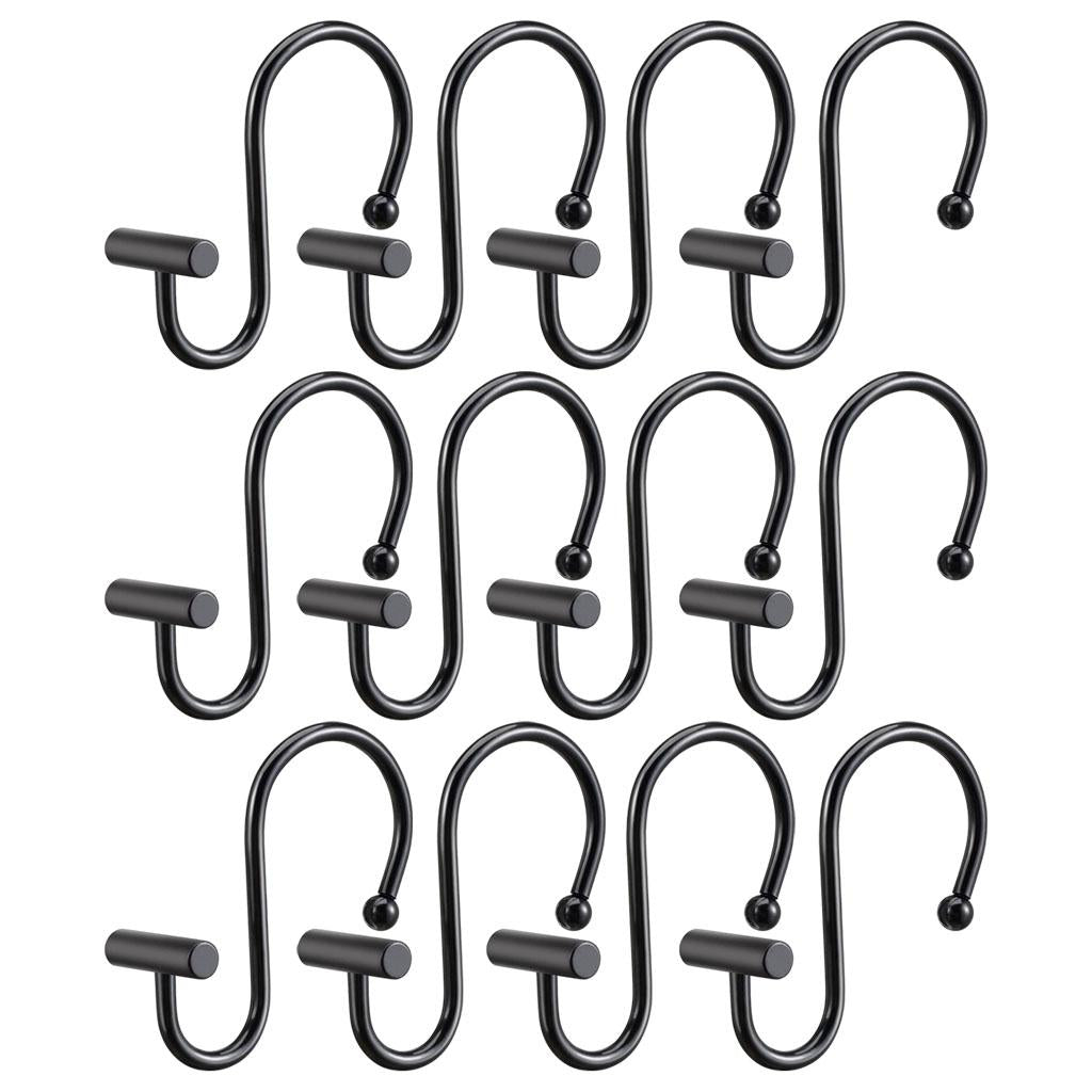 12x Premium Shower Curtain Hooks Set T Shaped Design for Bathroom (Black)