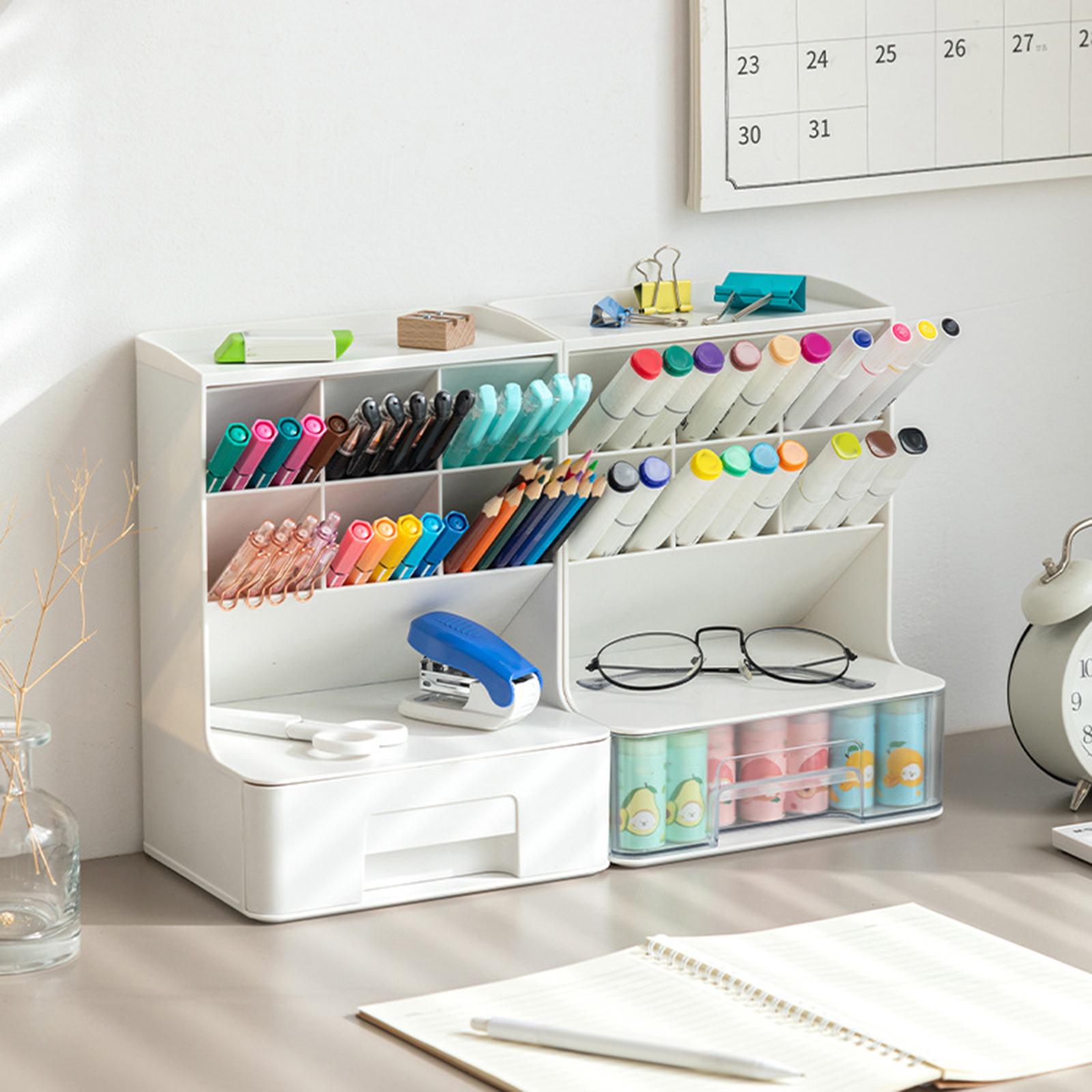 Multipurpose Pen Holder with Drawer Office Caddy for Office  White
