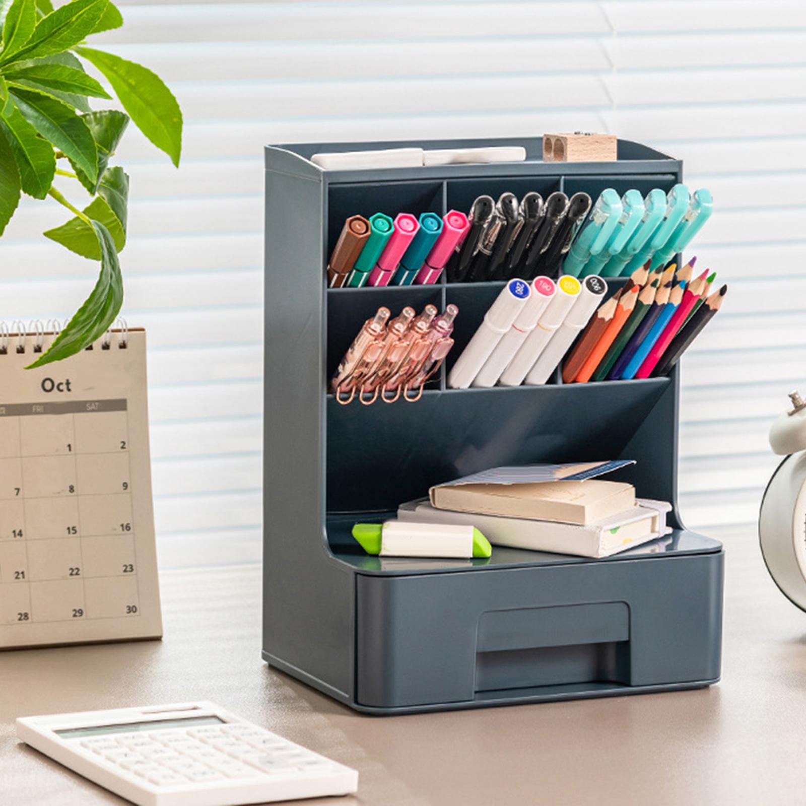 Multipurpose Pen Holder with Drawer Office Caddy for Office  Dark Blue