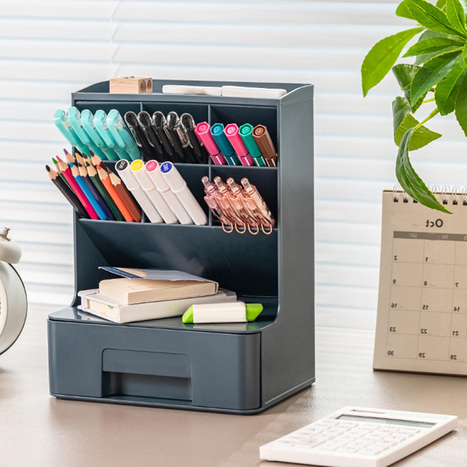 Multipurpose Pen Holder with Drawer Office Caddy for Office  Dark Blue
