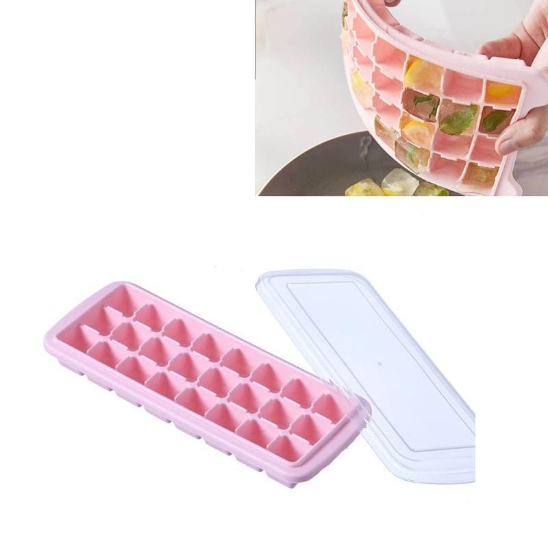Creative 24 Grid Silicone Ice Tray Home Large Ice Cube Mold Ice Box with Lid (Light Pink)