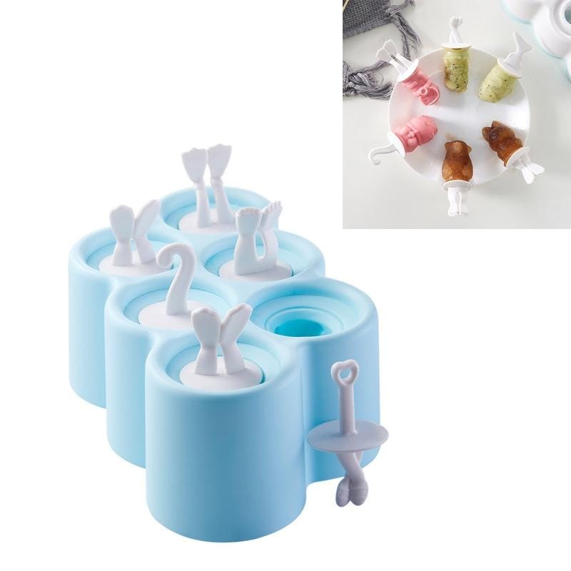 Creative Cartoon Feet Shape Silicone Ice Cube Mold Set Household Frozen Ice Lattice Refrigerator Square Plastic Ice DIY Food Supplement Box with Lid, Style:Without 6 Handles (Light Blue)