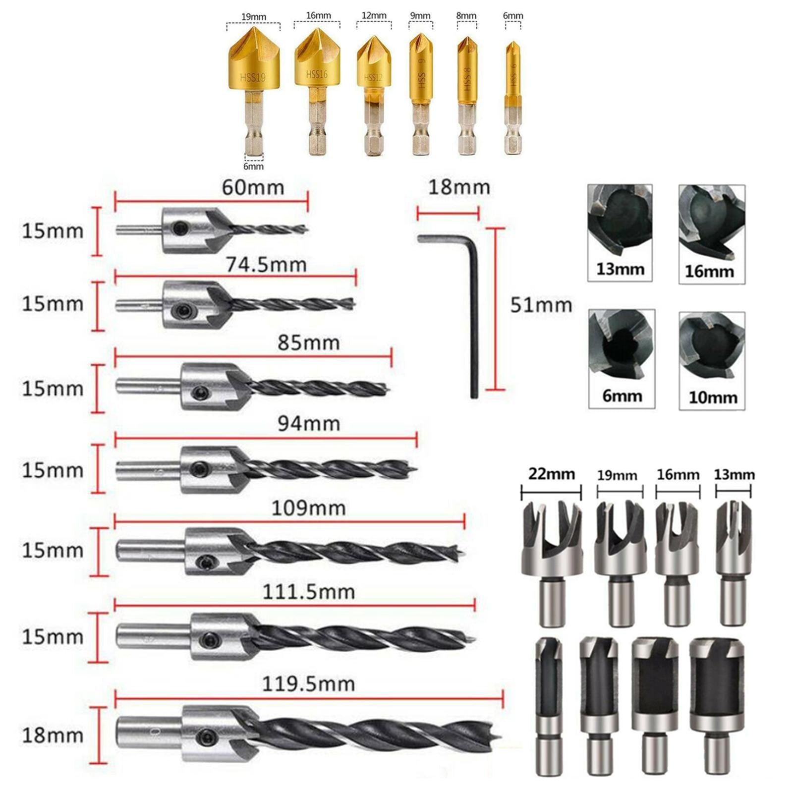 23xWoodworking Chamfer Drilling Tool Countersink Drill Bits Wood Plug Cutter