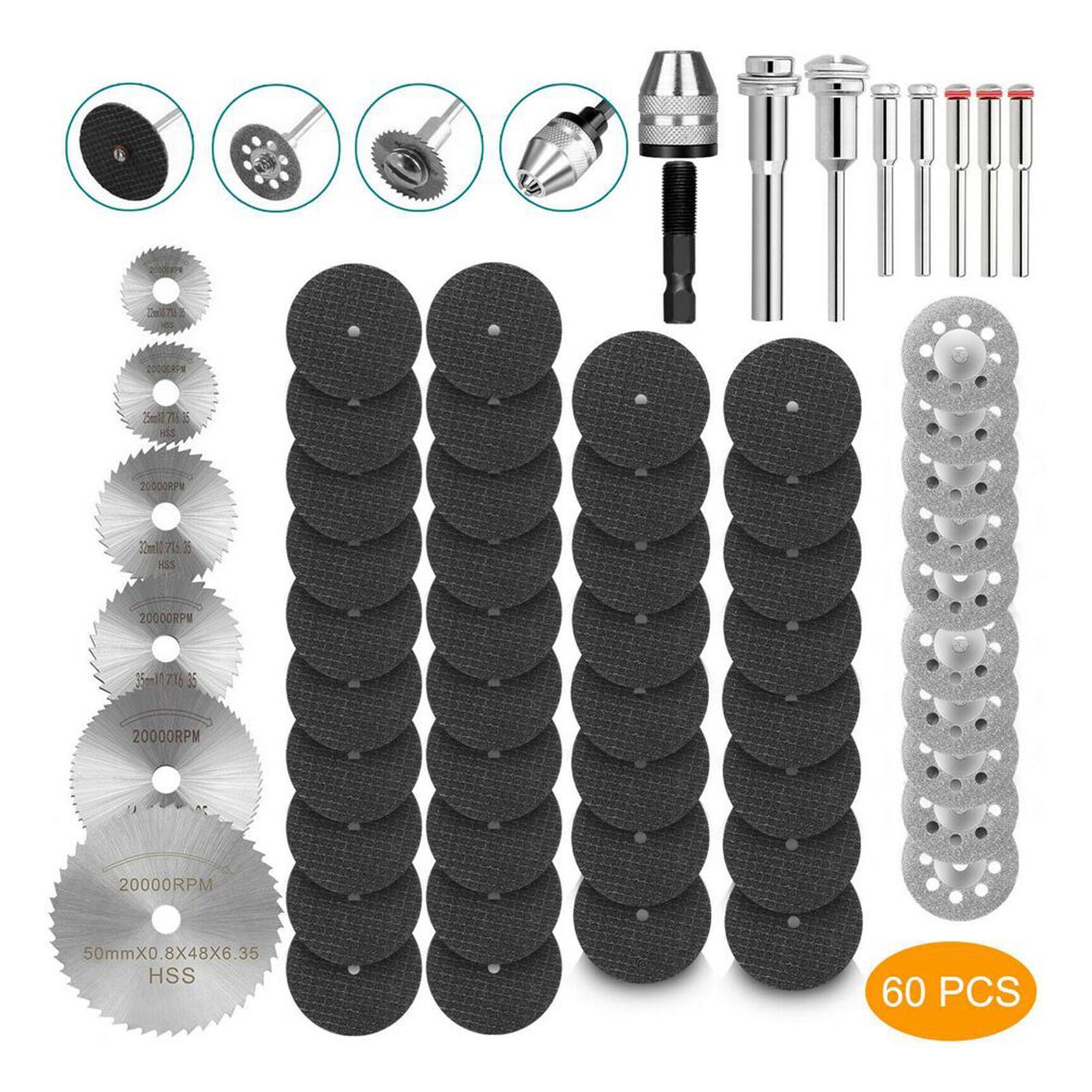 60Pcs Diamond Cutting Wheel with Mandrel and HSS Saw Blade Rotary Tool
