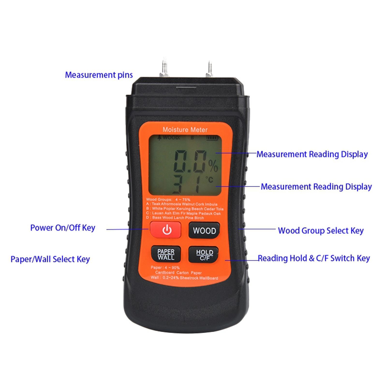 2Pin Wood Moisture Meter Damp Tester 4 Modes for Walls Firewood Furniture