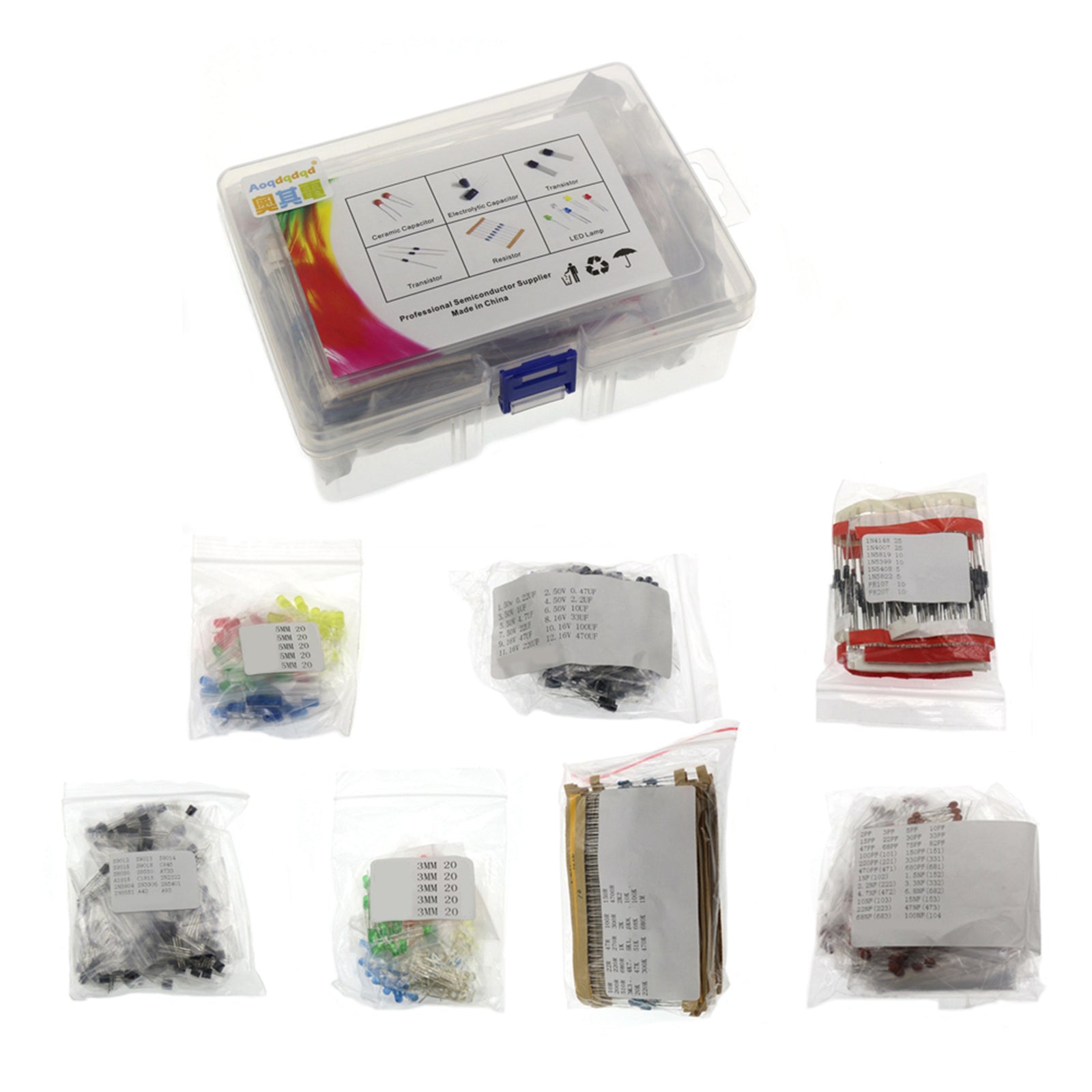 Electronics Component Kit LED Diodes Capacitors Resistors 1490pcs Boxed