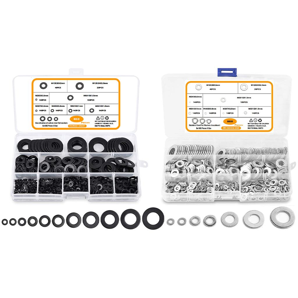 860 Pieces Flat Washers Set Carbon Steel 8 Sizes DIY Accessories Black