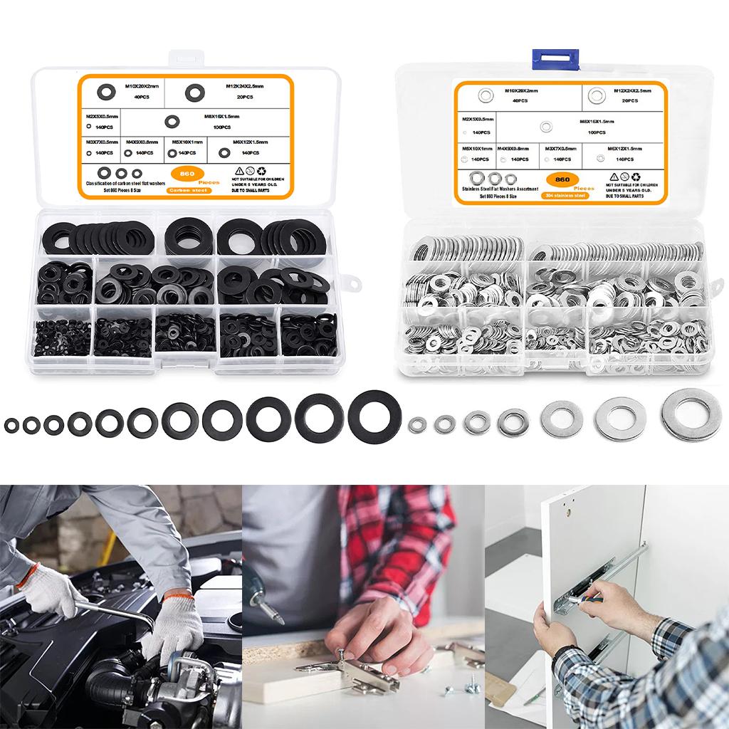 860 Pieces Flat Washers Set Carbon Steel 8 Sizes DIY Accessories Black