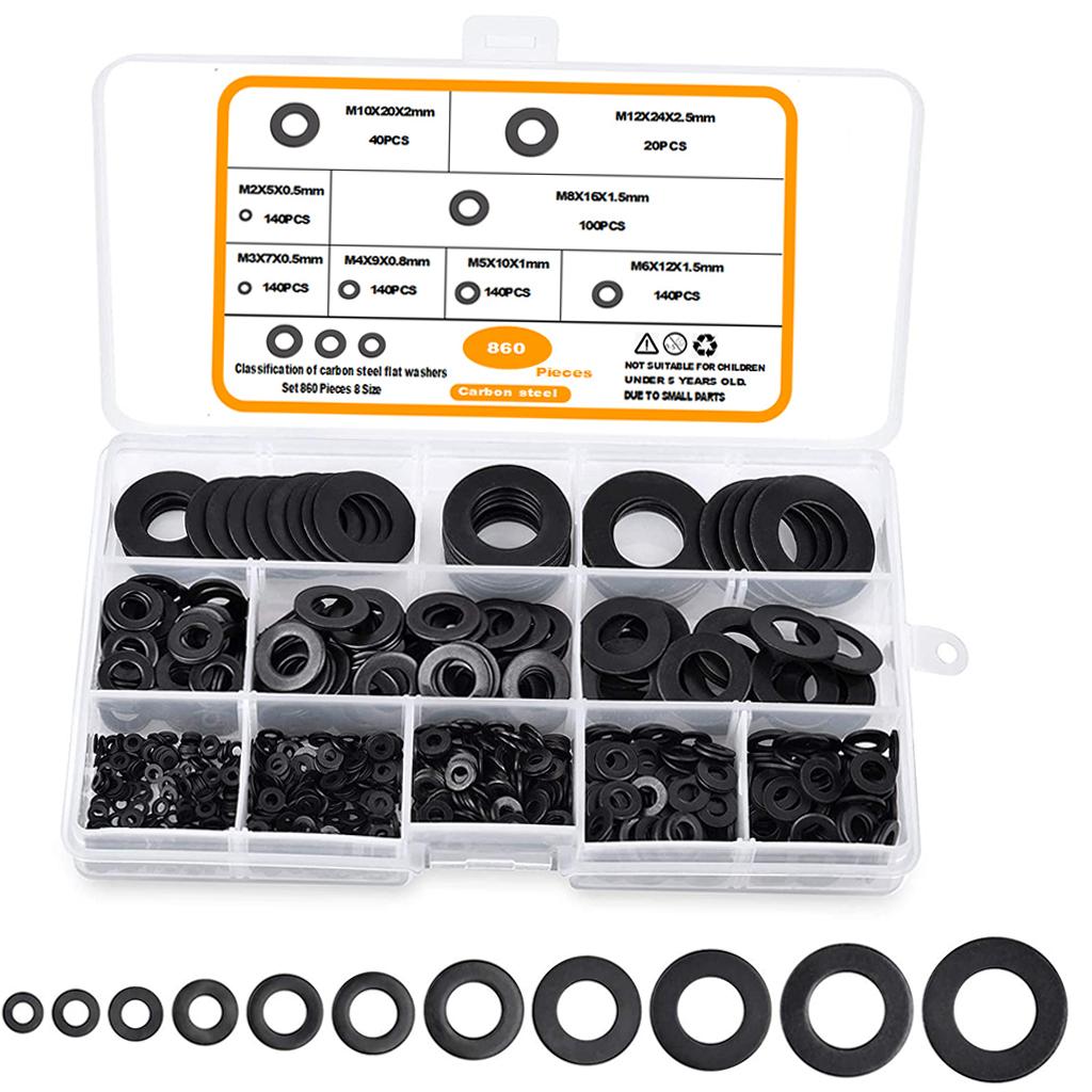 860 Pieces Flat Washers Set Carbon Steel 8 Sizes DIY Accessories Black