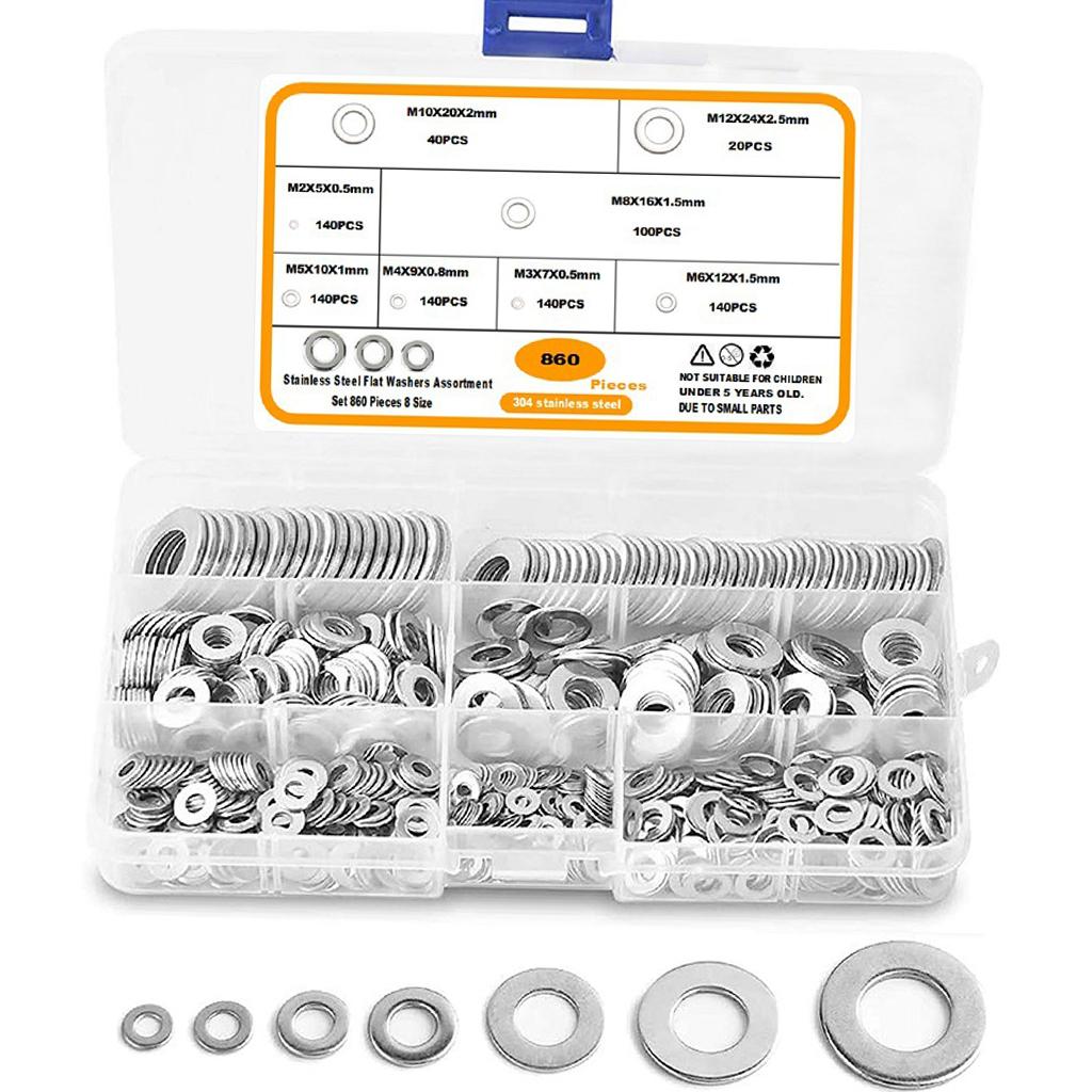 860 Pieces Flat Washers Set Carbon Steel 8 Sizes DIY Accessories Silver