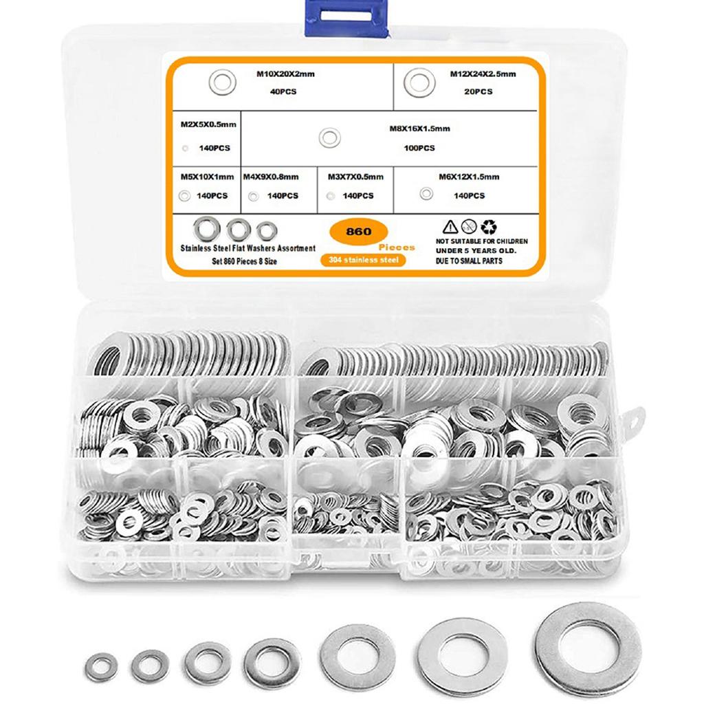 860 Pieces Flat Washers Set Carbon Steel 8 Sizes DIY Accessories Silver