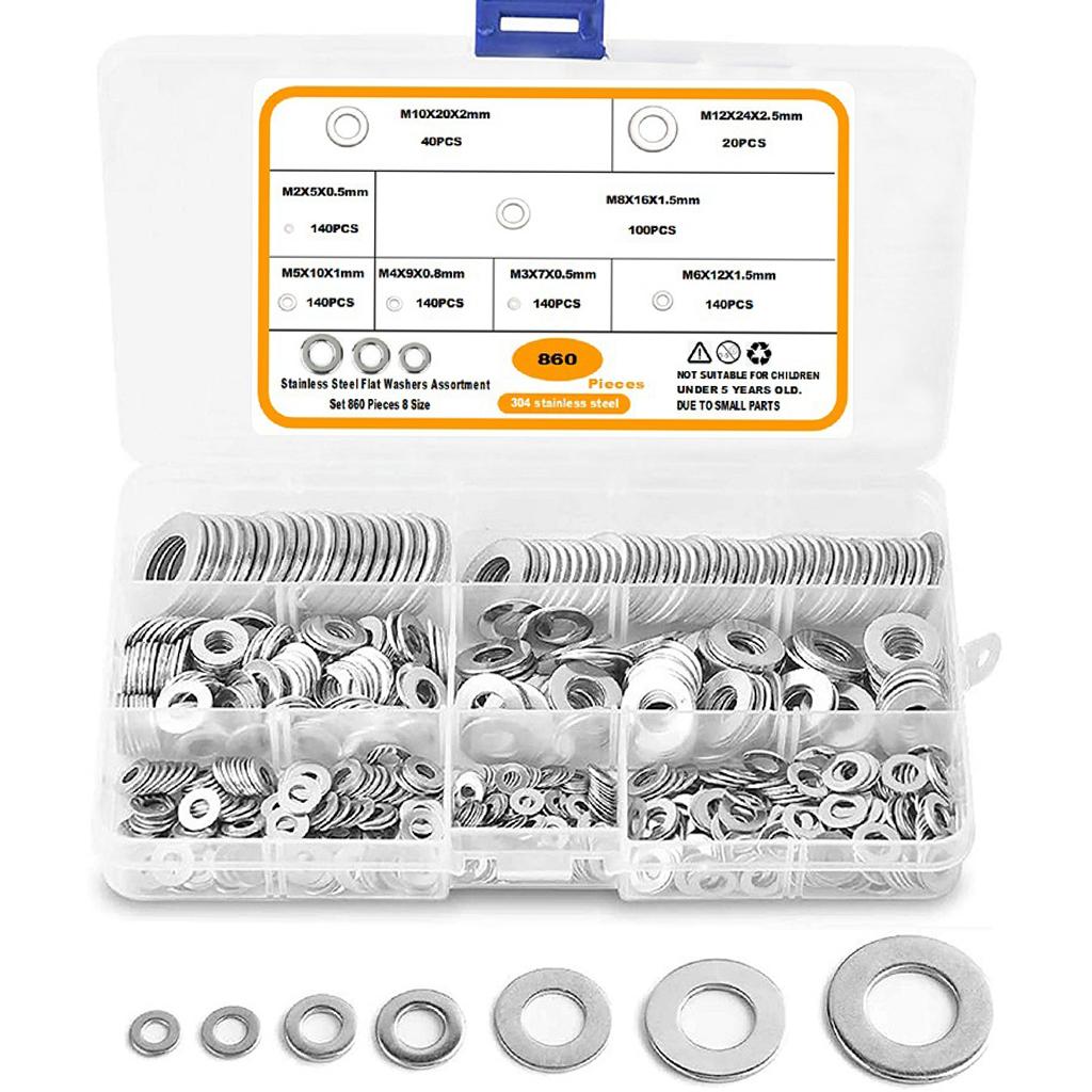 860 Pieces Flat Washers Set Carbon Steel 8 Sizes DIY Accessories Silver