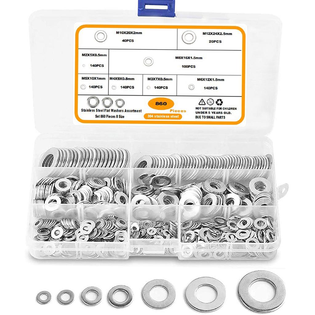 860 Pieces Flat Washers Set Carbon Steel 8 Sizes DIY Accessories Silver