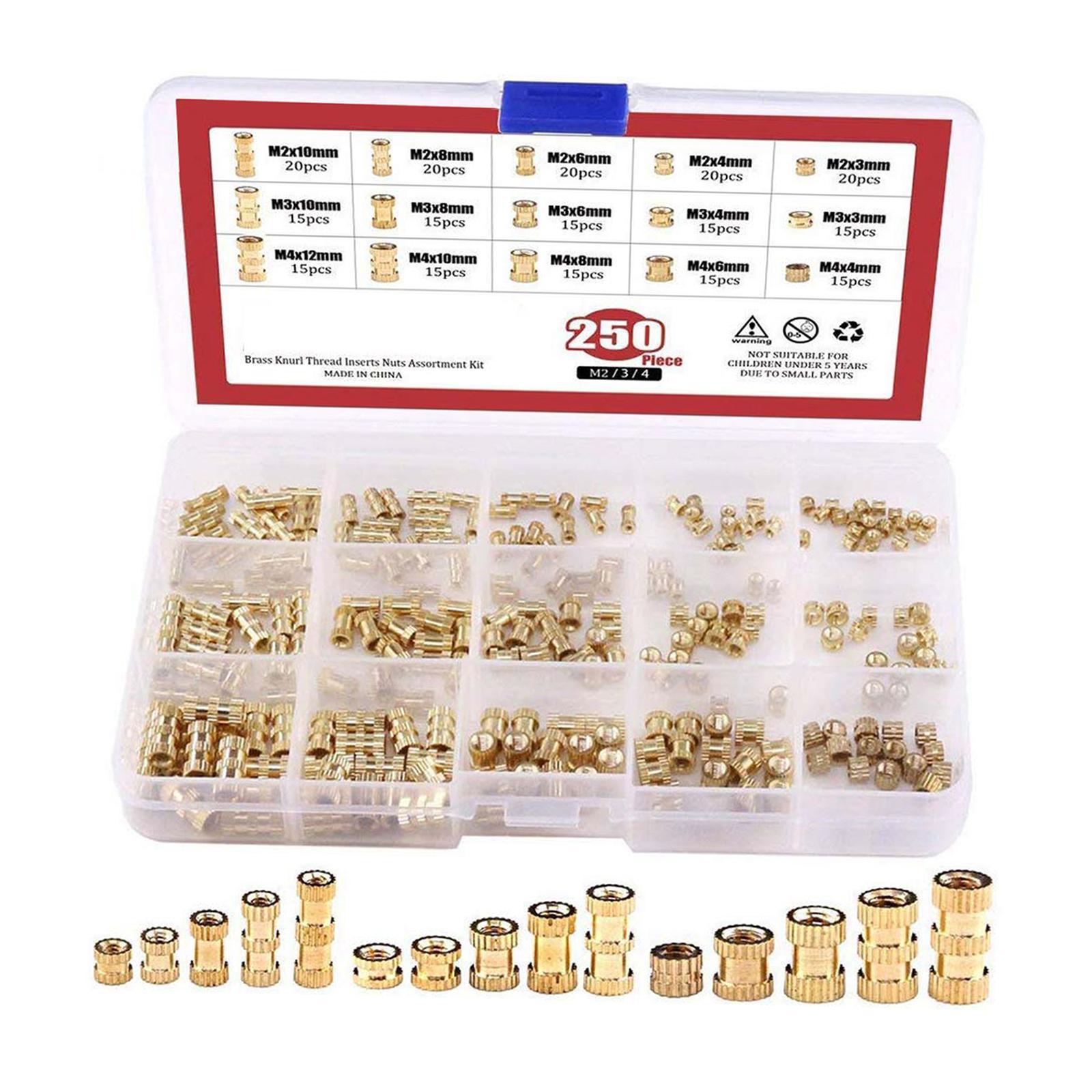 250pcs Copper Brass Knurl Insert Nuts Metric Threaded Assortment Set Kit
