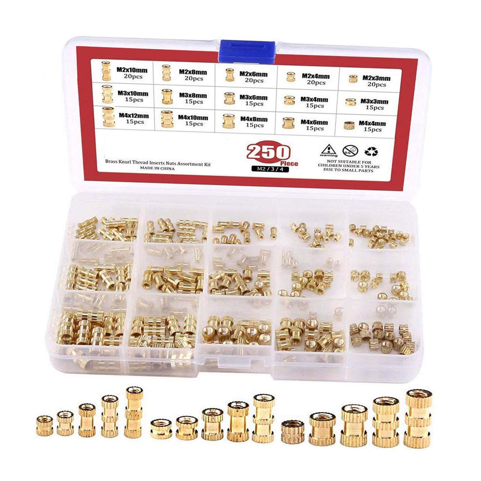 250pcs Copper Brass Knurl Insert Nuts Metric Threaded Assortment Set Kit