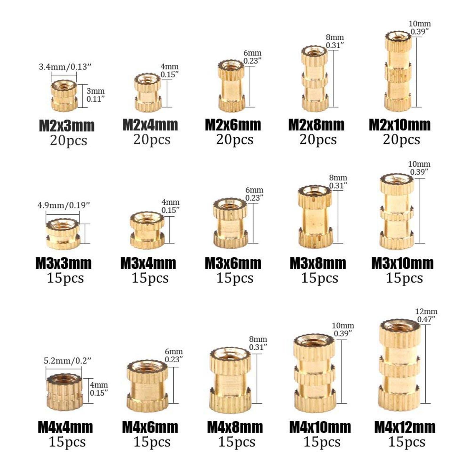 250pcs Copper Brass Knurl Insert Nuts Metric Threaded Assortment Set Kit