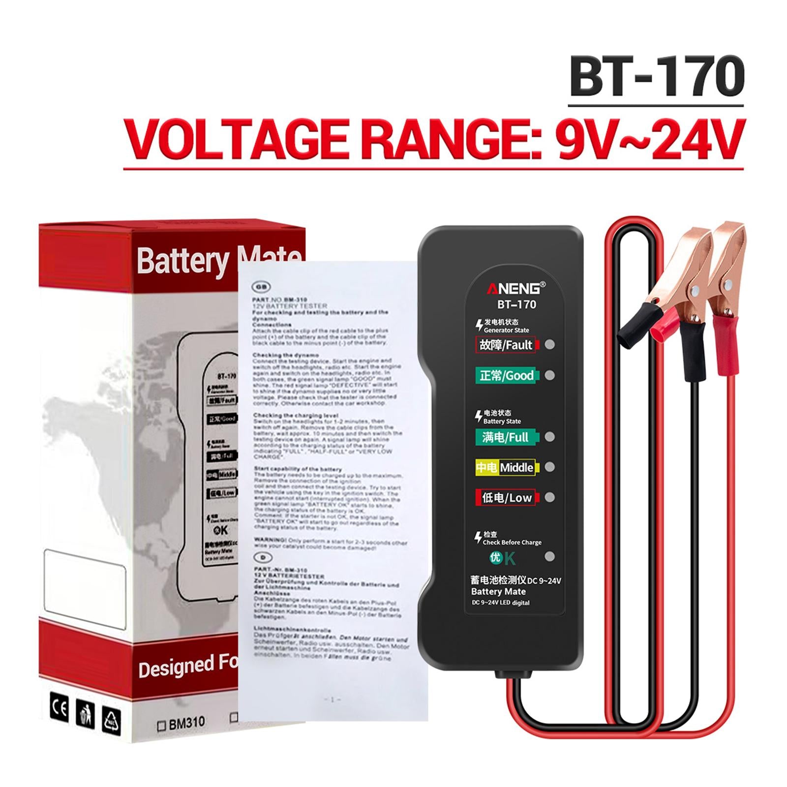 Engine Battery Tester 9V 12V 24V Digital Analyzer for Motorbike Vehicles