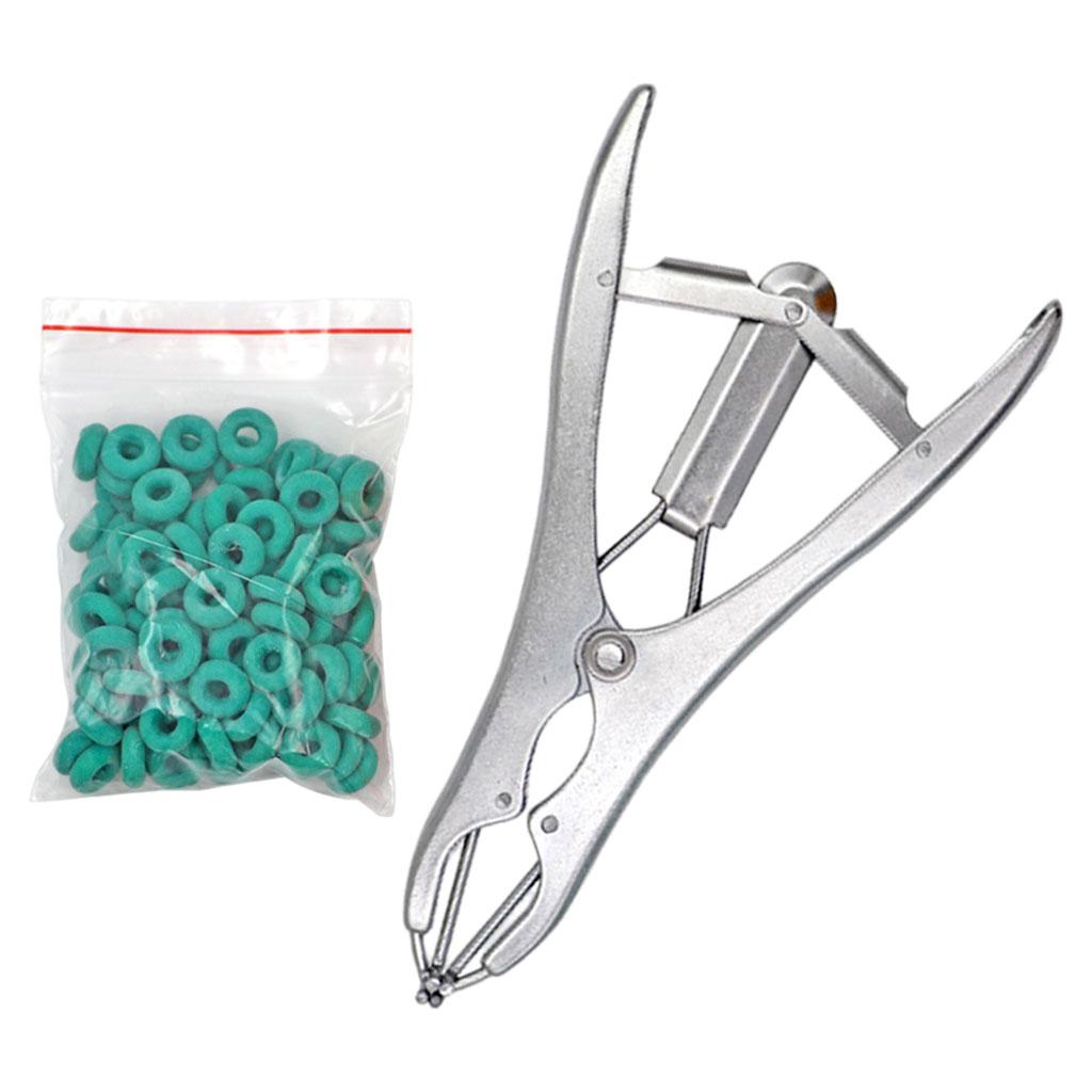Animal Castration Pliers with 100 Pieces Rubber Rings for Lambs Piglets Stainless steel