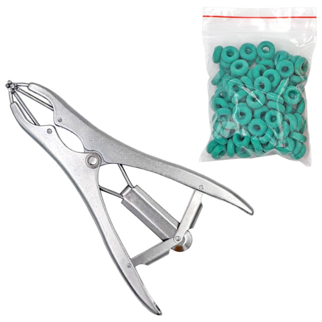 Animal Castration Pliers with 100 Pieces Rubber Rings for Lambs Piglets Stainless steel