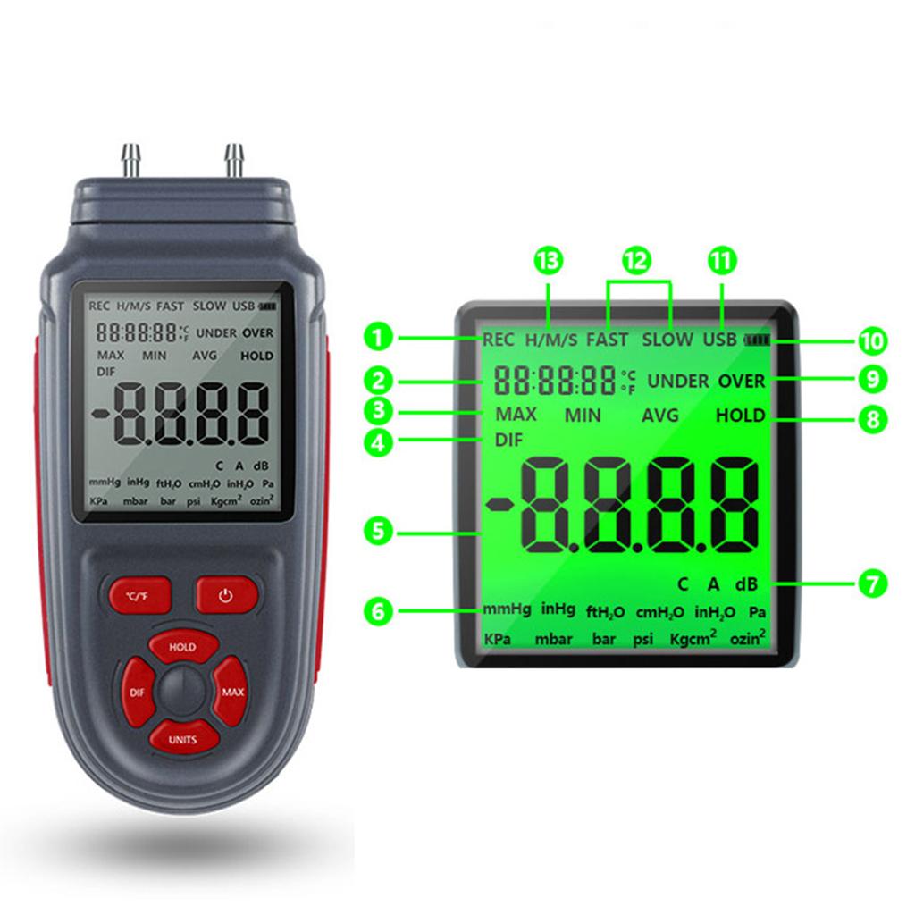Manometer Gas Pressure Tester Large LCD with Backlight for Ventilation Ducts