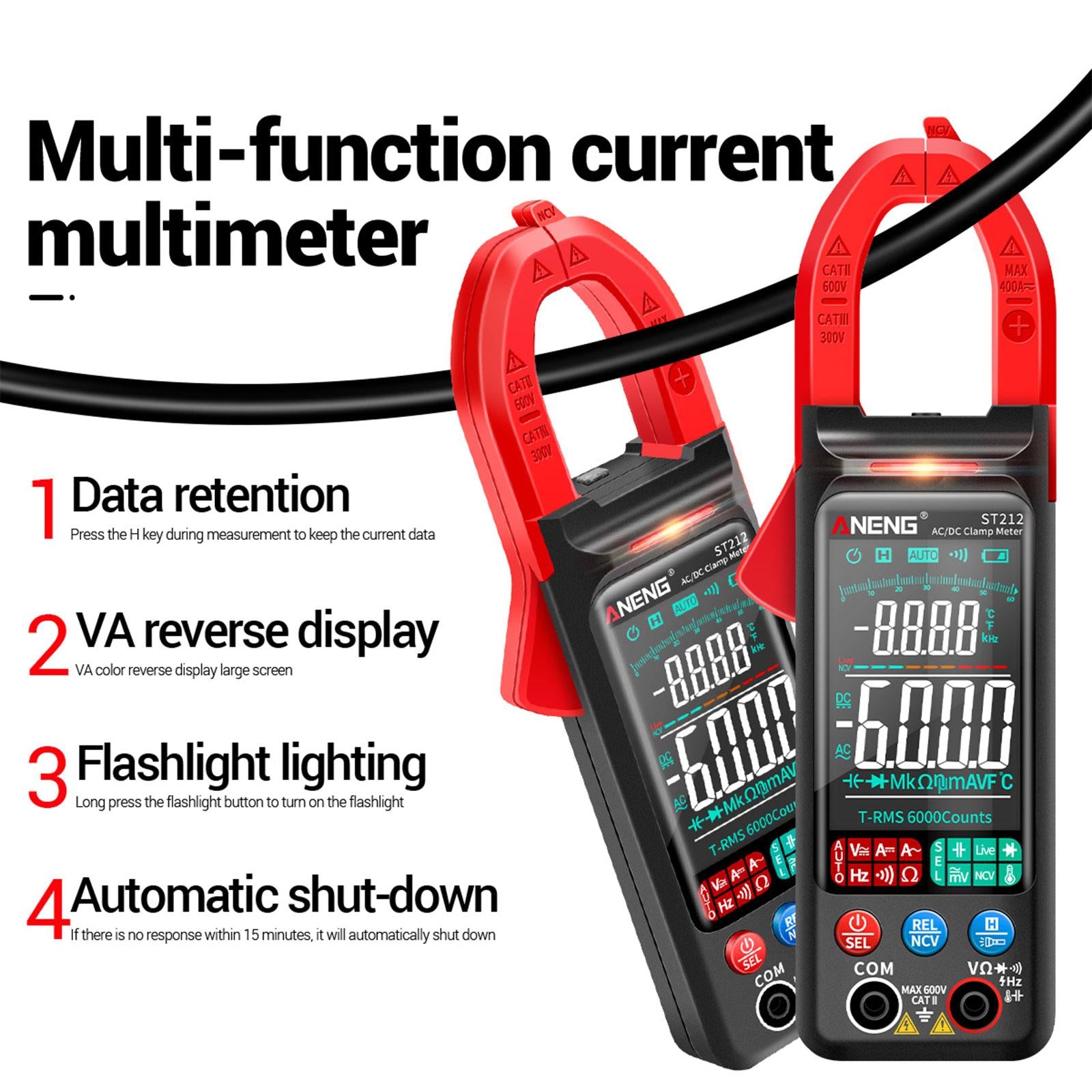 Handheld Clamp Meter Multimeter Digital Voltage Current Tester LCD Screen Red