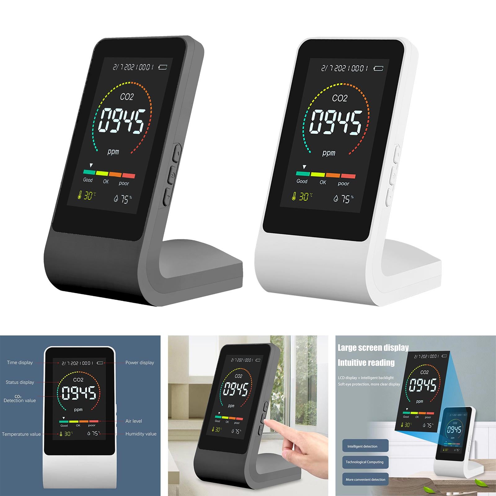 Multifunctional Air Quality Monitor CO2 Detector for Home Office  Black