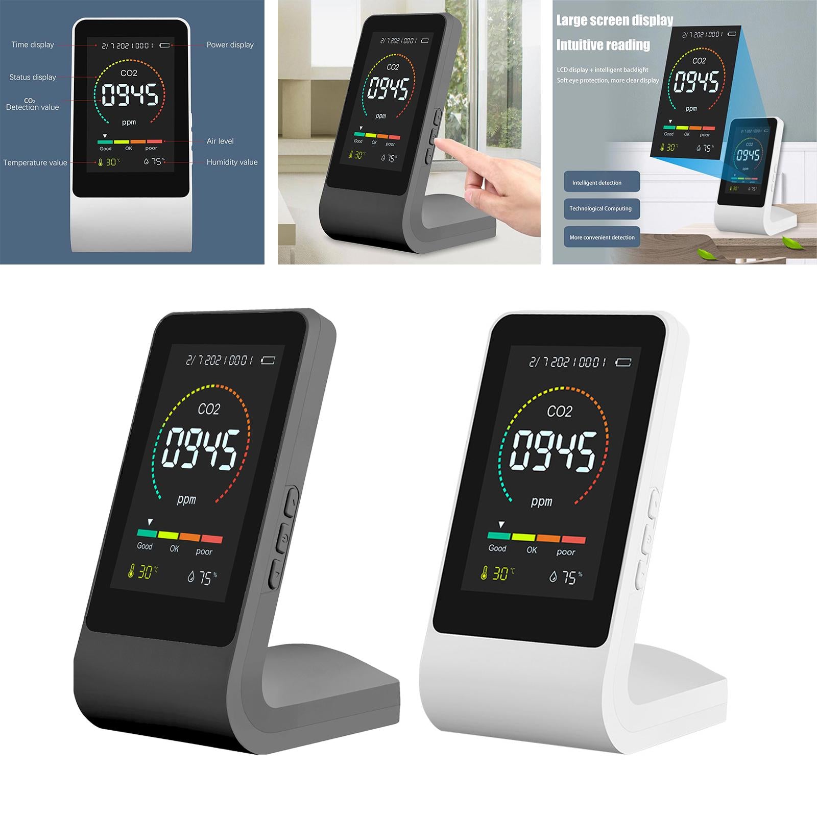 Multifunctional Air Quality Monitor CO2 Detector for Home Office  Black