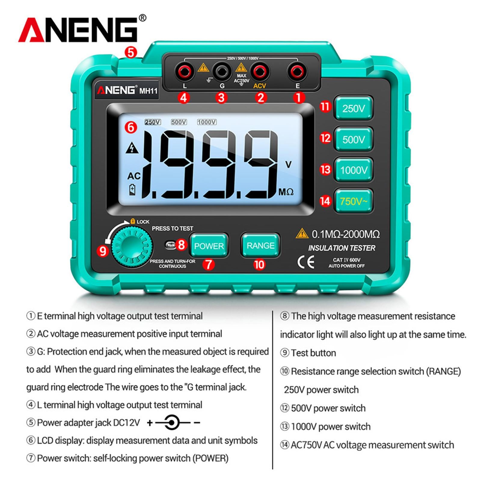 Digital Megohmmeter Meters 250/500/1000V Detector for Duty Cycle Diode Test Green
