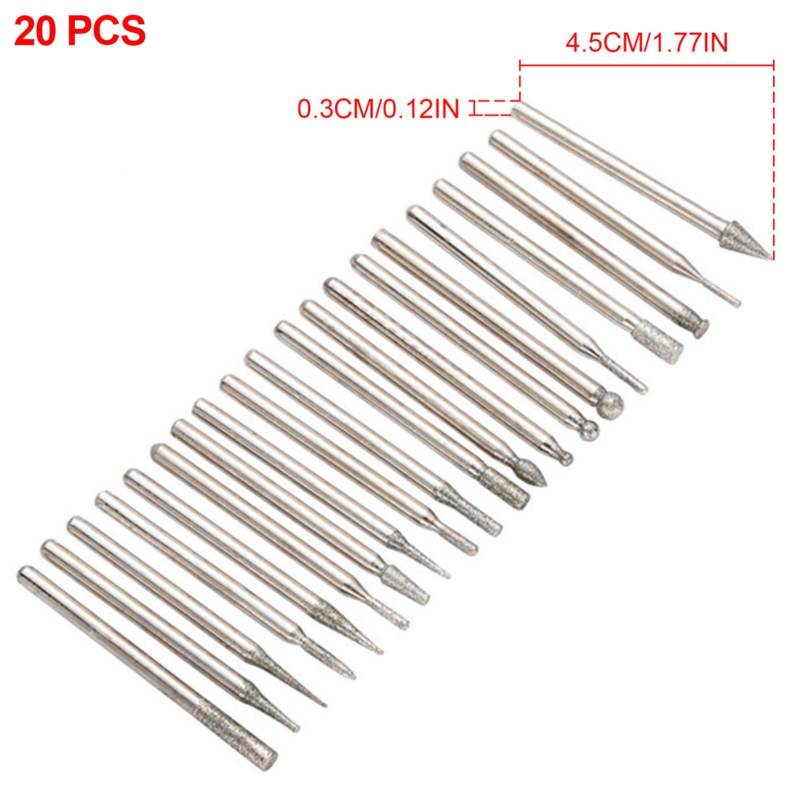 20Pc Diamond Grinding Burr Drill Bit Mix Set 3mm Shank Deburring Rotary Tool