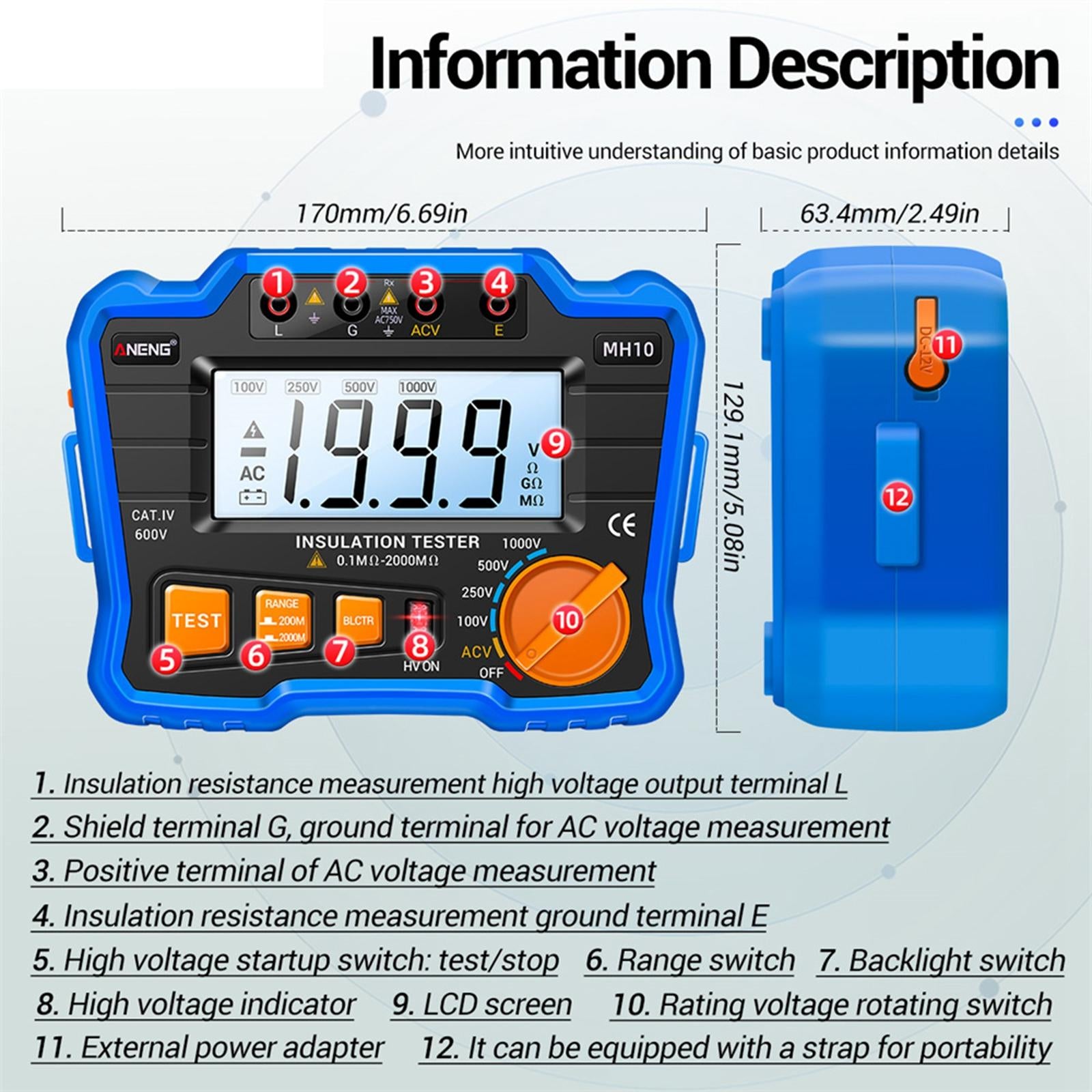 MH10 Megohmmeter Meter DC 100/250/500/1000V AC750V for Electrical Appliances blue