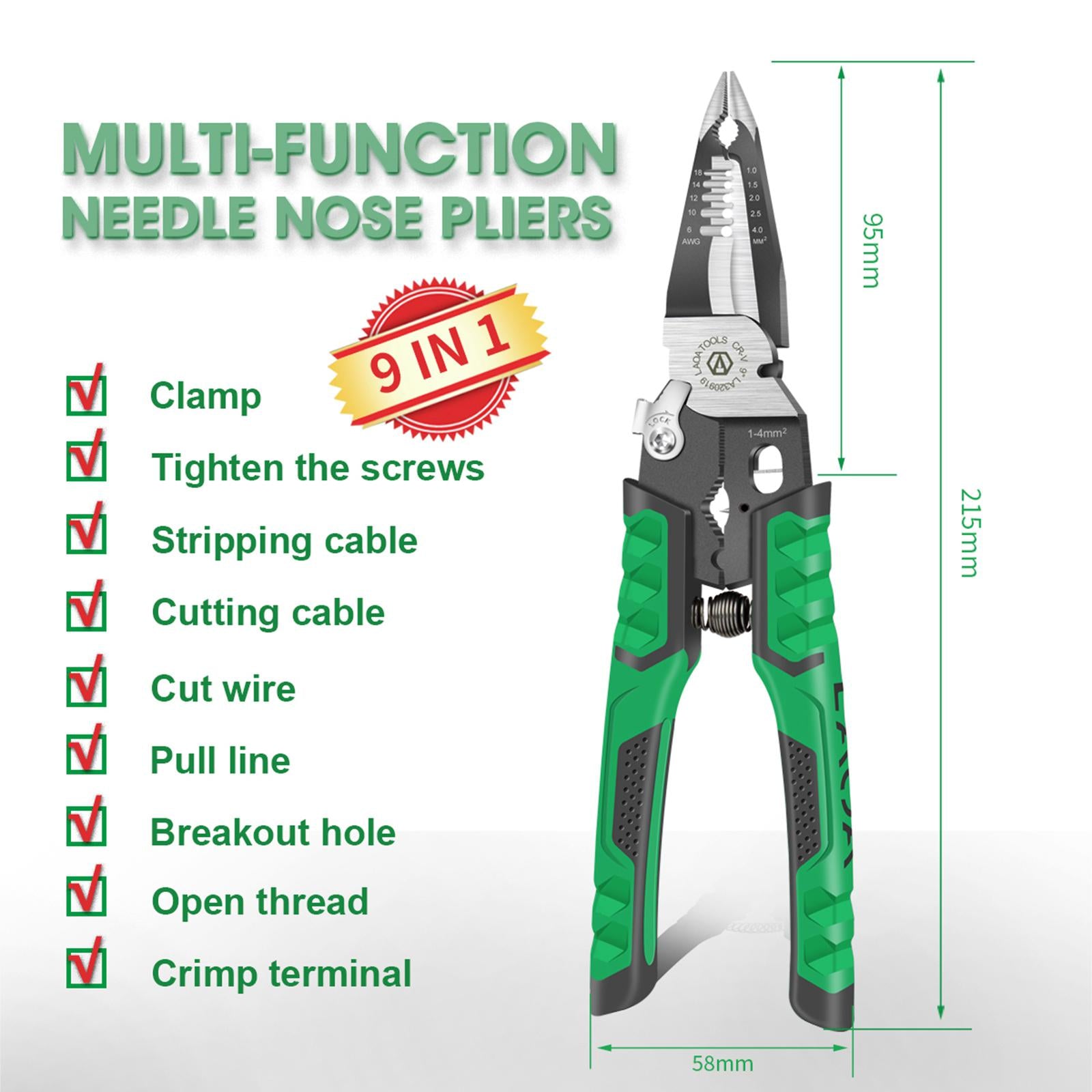 9 in 1 Electrician Pliers Multifunctional Needle Nose Pliers Wire Stripping