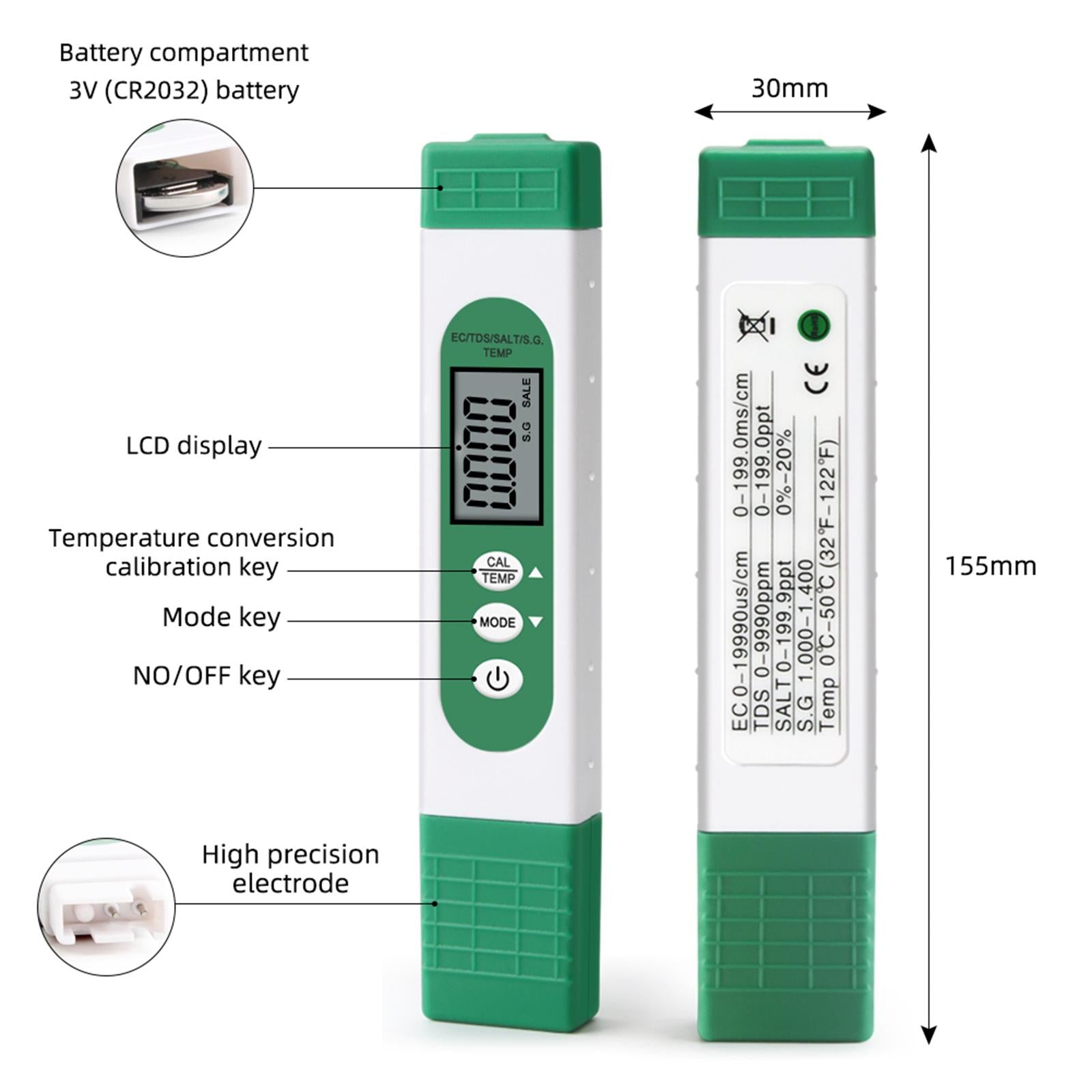 5 in 1 Digital Water Quality Tester 0-9990 ppm for Saltwater Hydroponics