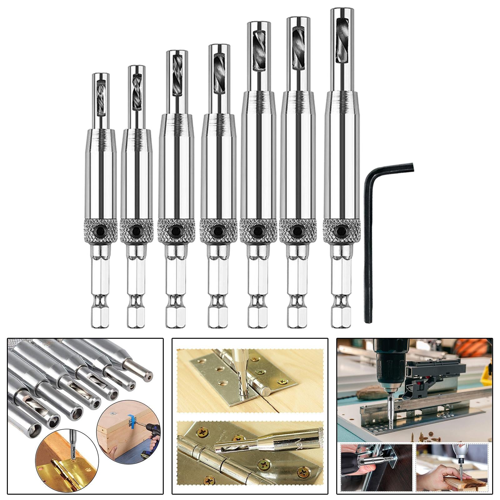 7x Self Centering Door Lock Cabinet Hinge Drill Bit Set Pilot Tool Silver