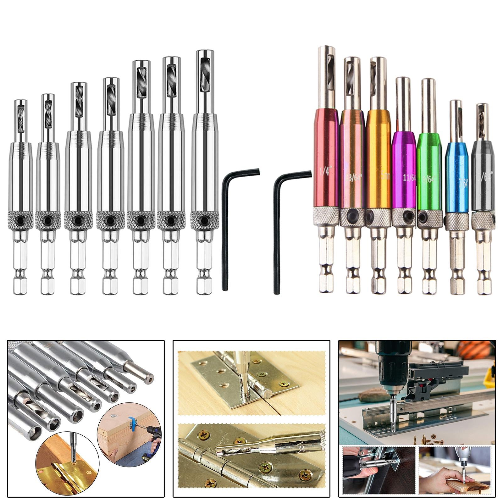 7x Self Centering Door Lock Cabinet Hinge Drill Bit Set Pilot Tool Silver