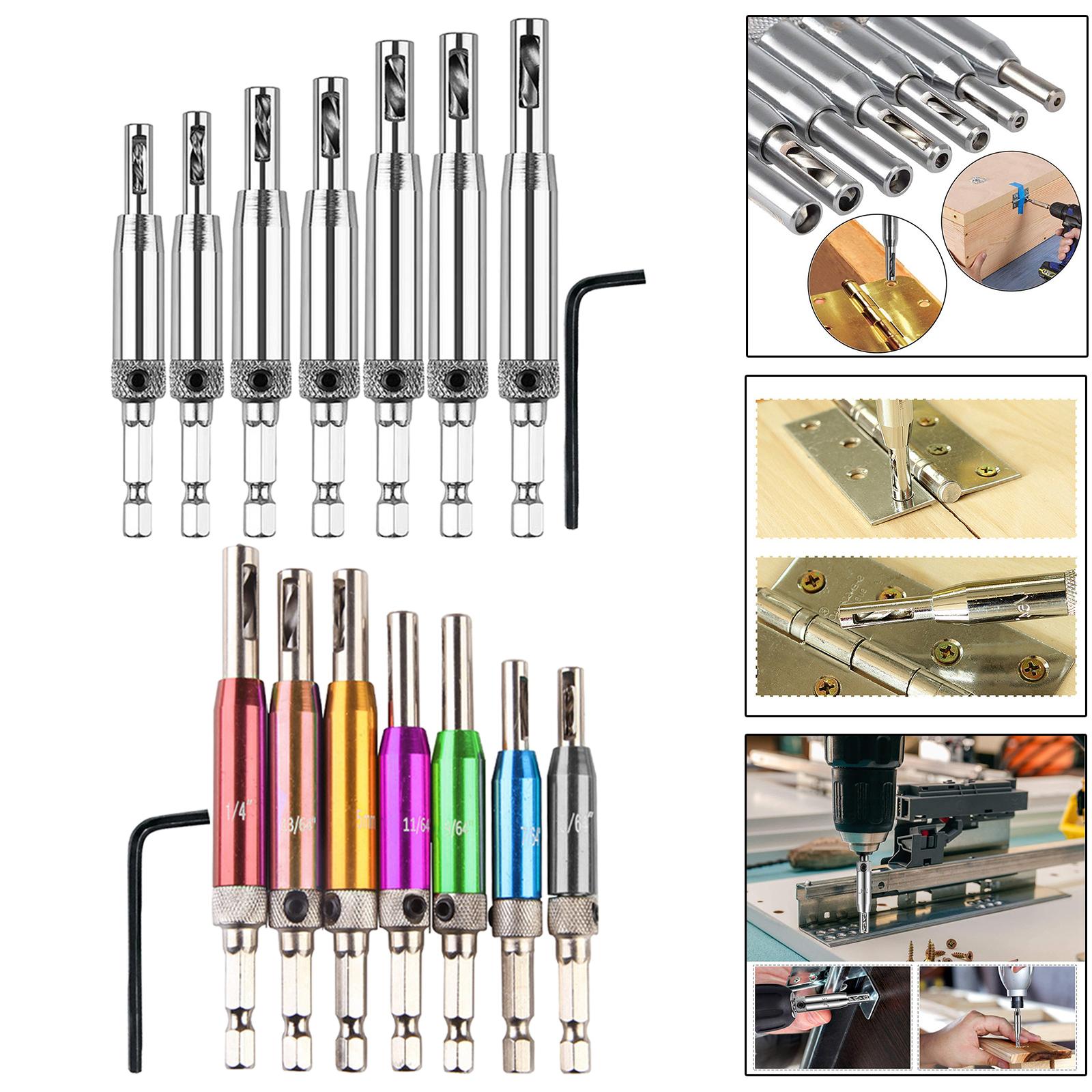 7x Self Centering Door Lock Cabinet Hinge Drill Bit Set Pilot Tool Silver