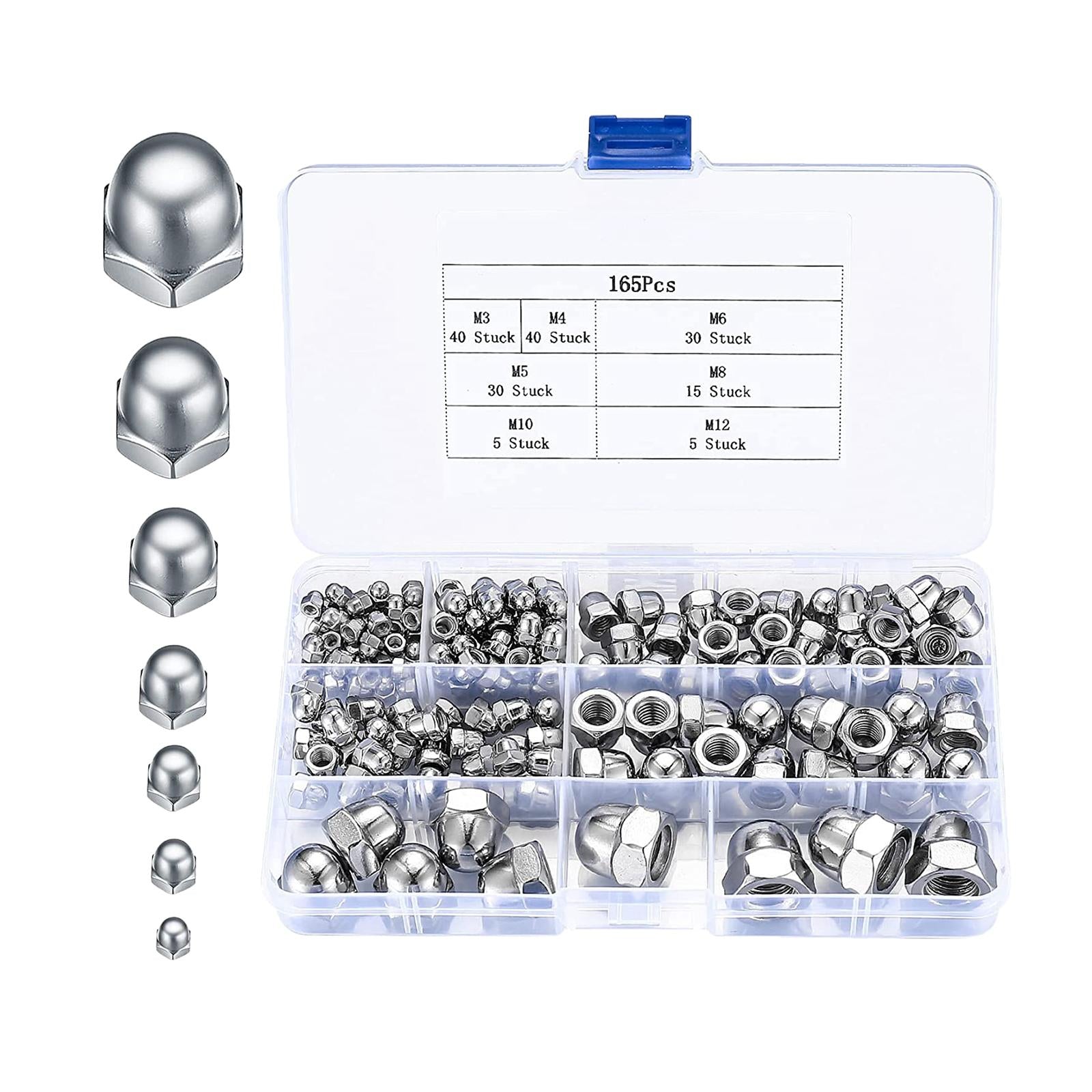 165 Pieces Hexagonal Acorn Nuts with Storage Box for Indoor and Outdoor