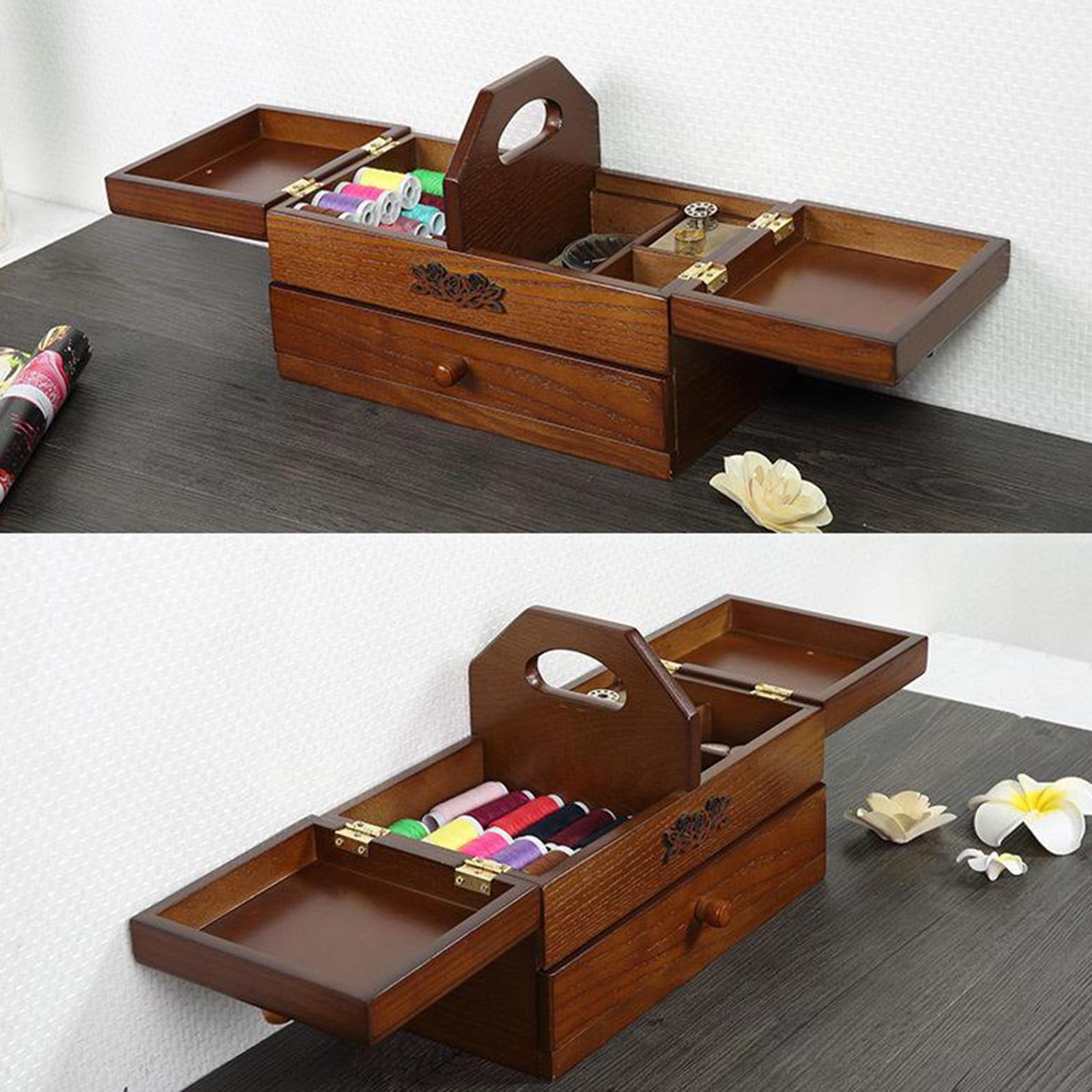 Expand Case Wooden Sewing Box Basket Craft Jewelry Storage Organizer Holder