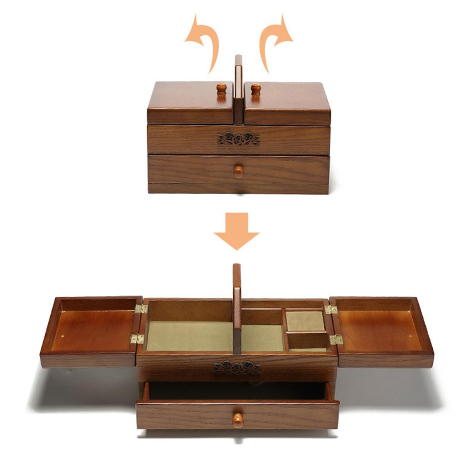 Expand Case Wooden Sewing Box Basket Craft Jewelry Storage Organizer Holder