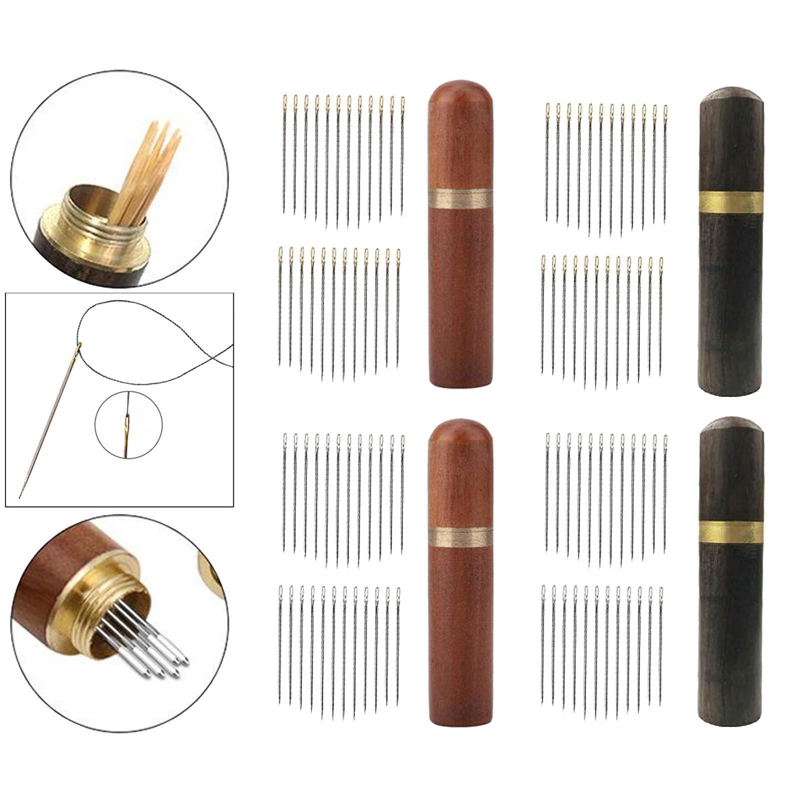 24x Self Threading Needles with Wooden Needle Case Brown_Golden Needles