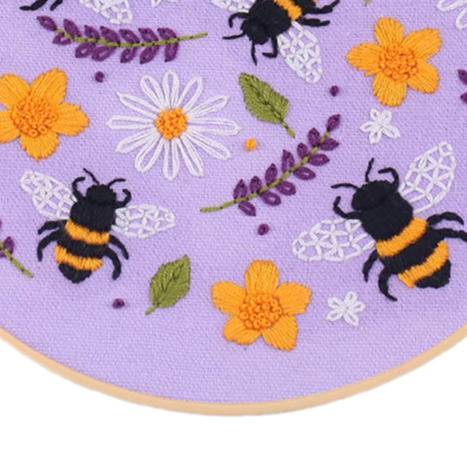 Cross Stitch Kit Floral Patterned Fabric Needles Bamboo Hoop Sewing Purple