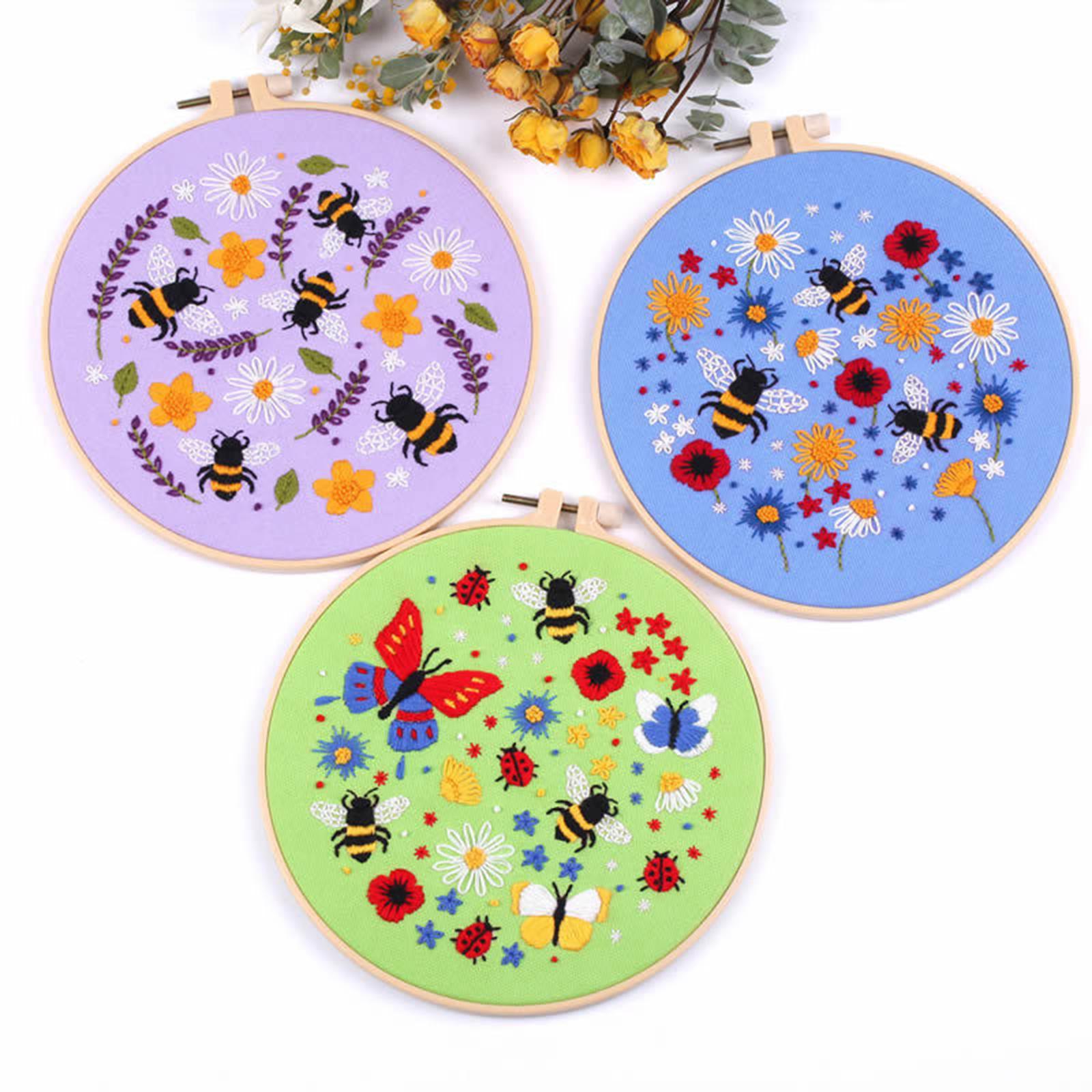 Cross Stitch Kit Floral Patterned Fabric Needles Bamboo Hoop Sewing Purple