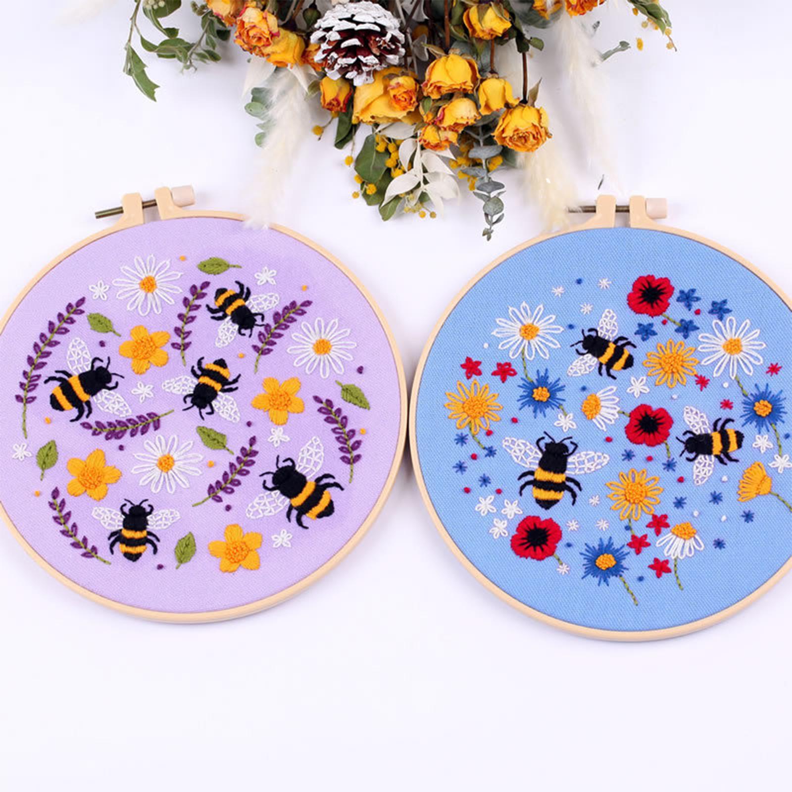 Cross Stitch Kit Floral Patterned Fabric Needles Bamboo Hoop Sewing Purple