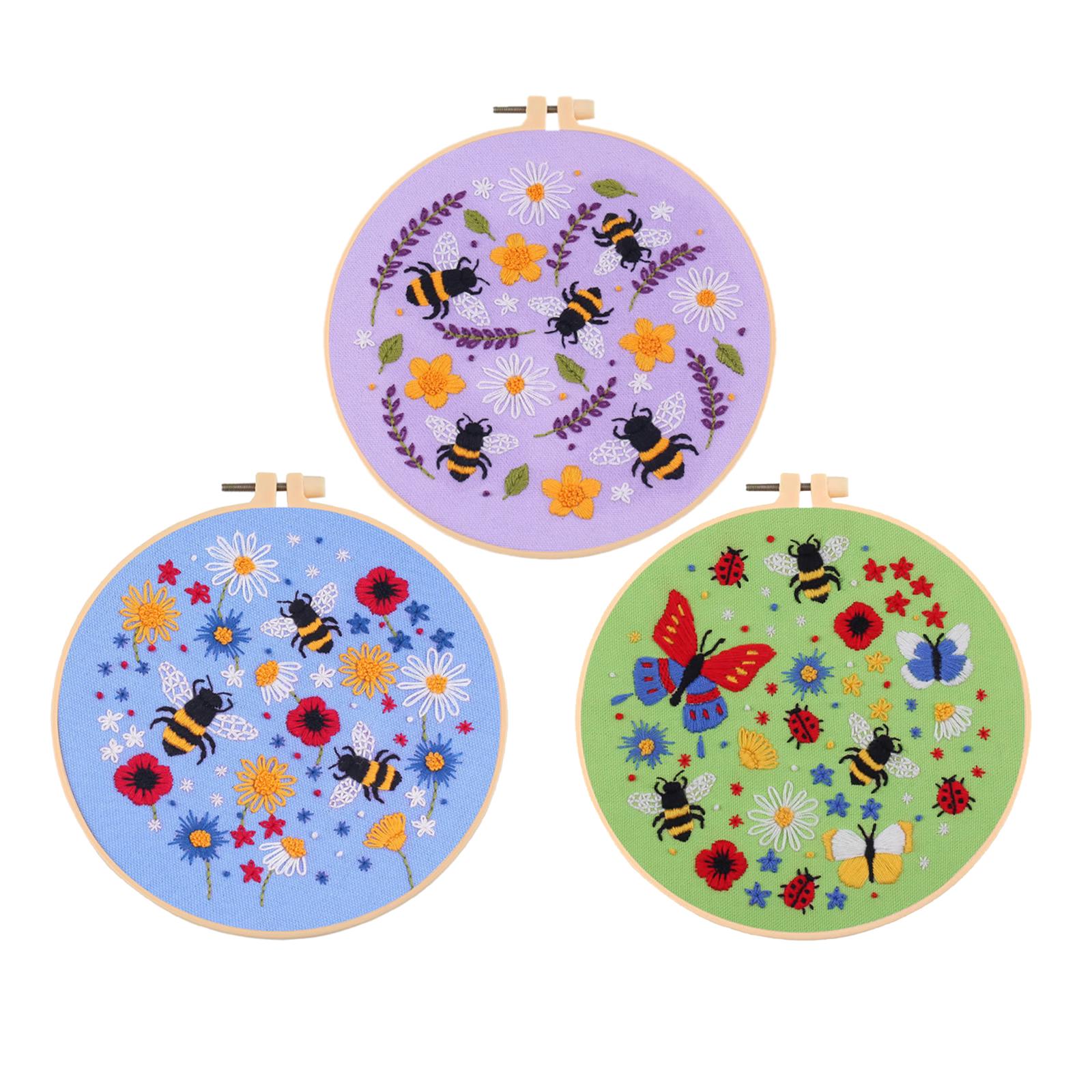 Cross Stitch Kit Floral Patterned Fabric Needles Bamboo Hoop Sewing Purple