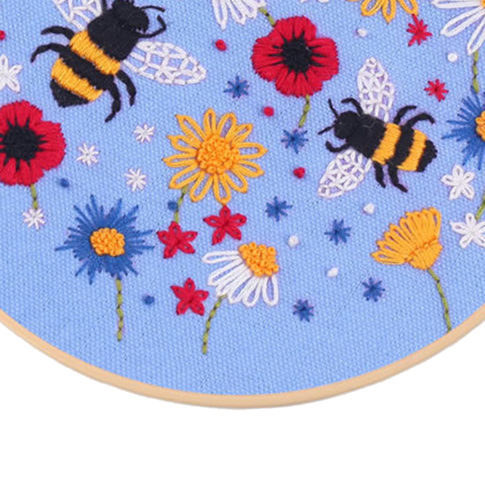 Cross Stitch Kit Floral Patterned Fabric Needles Bamboo Hoop Sewing Blue