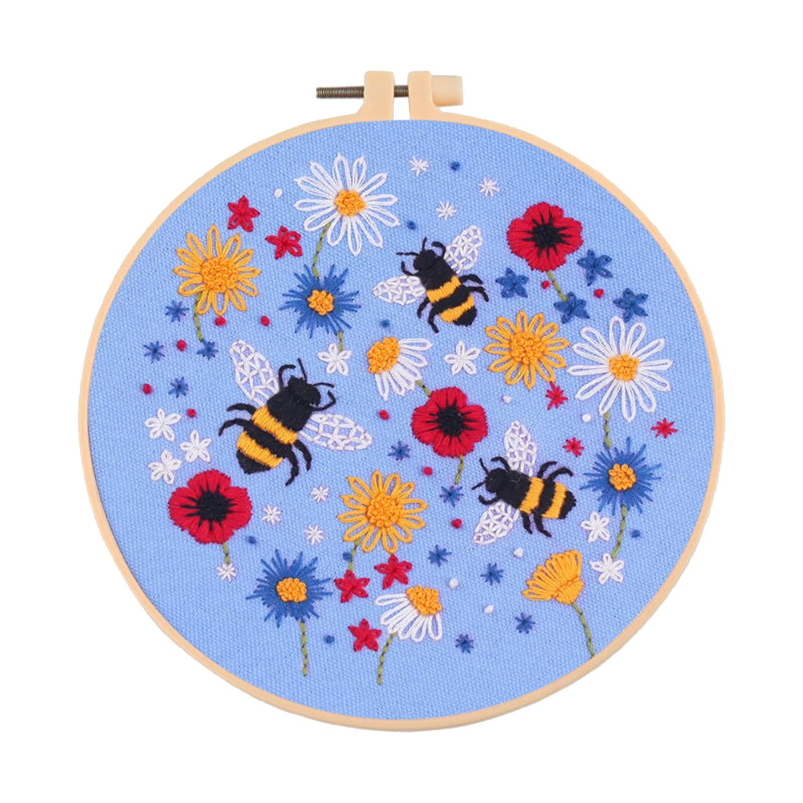Cross Stitch Kit Floral Patterned Fabric Needles Bamboo Hoop Sewing Blue