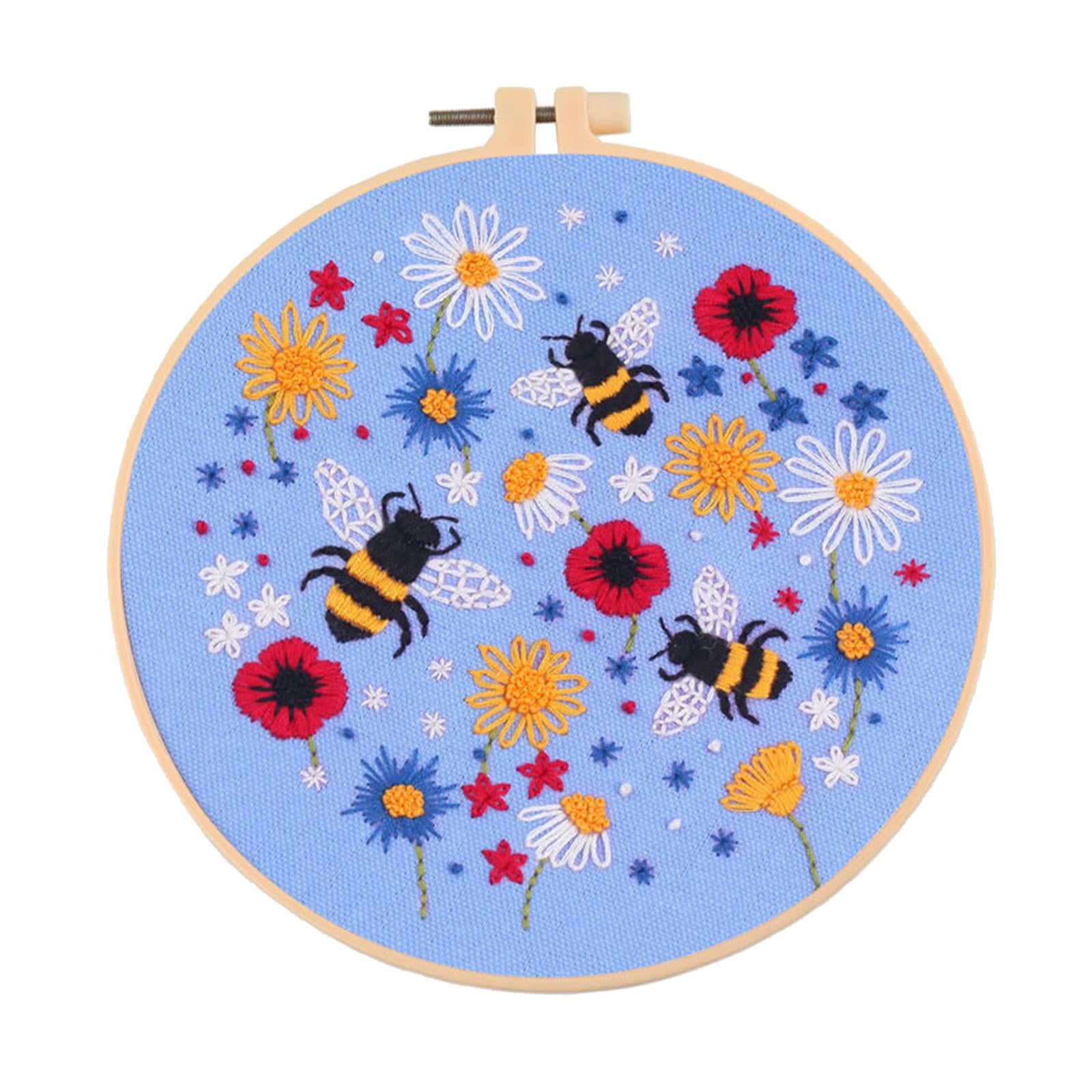 Cross Stitch Kit Floral Patterned Fabric Needles Bamboo Hoop Sewing Blue